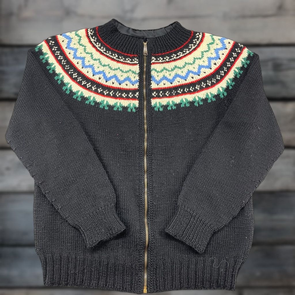Vintage VINTAGE Fair Isle Cardigan Sweater Mens XL Black Green Full Zip Wool Cable Knit 90s USA Winter Size US XL / EU 56 / 4 - 1 Thumbnail