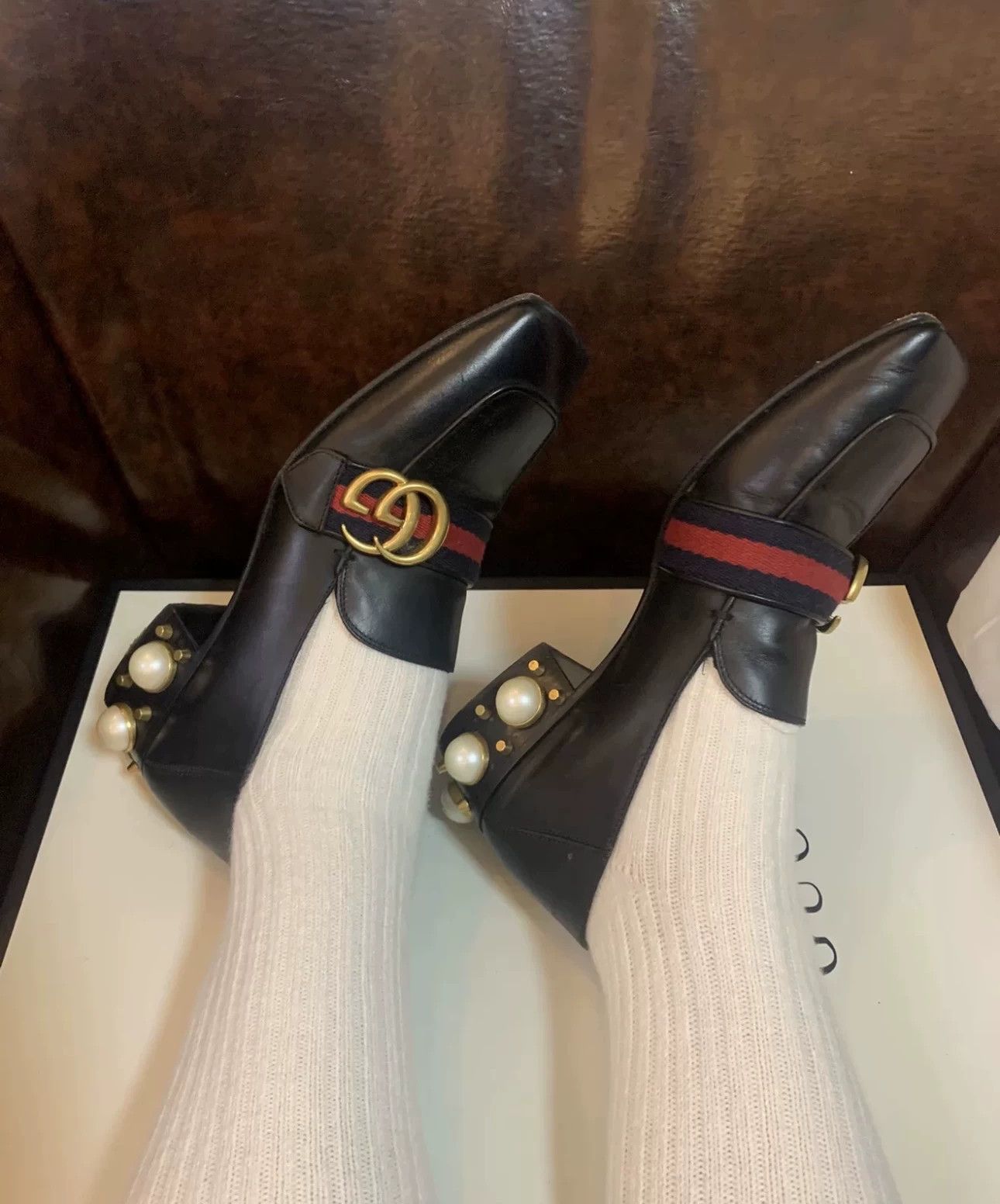 Gucci GUCCI 98 New Black Pearl Double G Women's Two-Way Loafers 38 Size US 7 / IT 37 - 9 Thumbnail