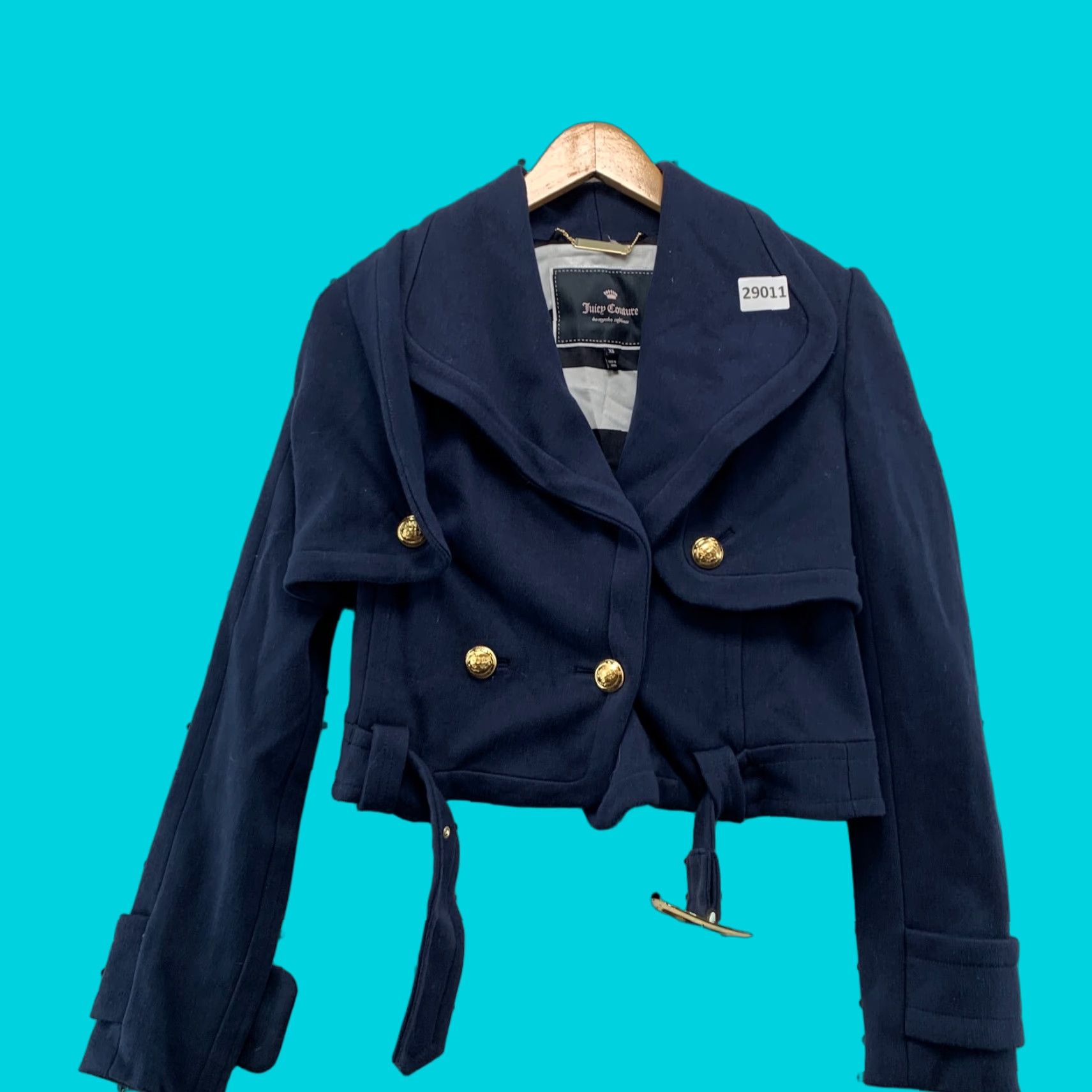 Juicy Couture VINTAGE Juicy Couture Jacket Womens XS Navy Blue Cropped Wool Belted Motorcycle Jacket Size XS / US 0-2 / IT 36-38 - 1 Thumbnail