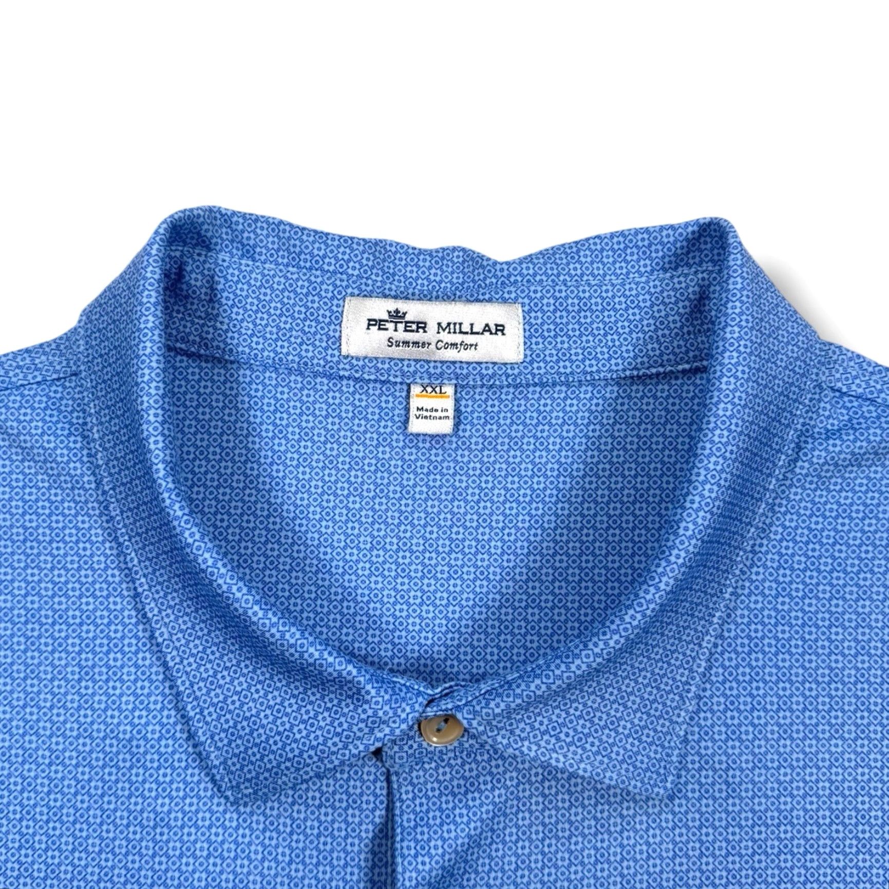 Peter Millar Summer Comfort Golf Polo Shirt Mens XXL Blue Geometric Short Sleeve Collared Polo 2XL Regular Mens