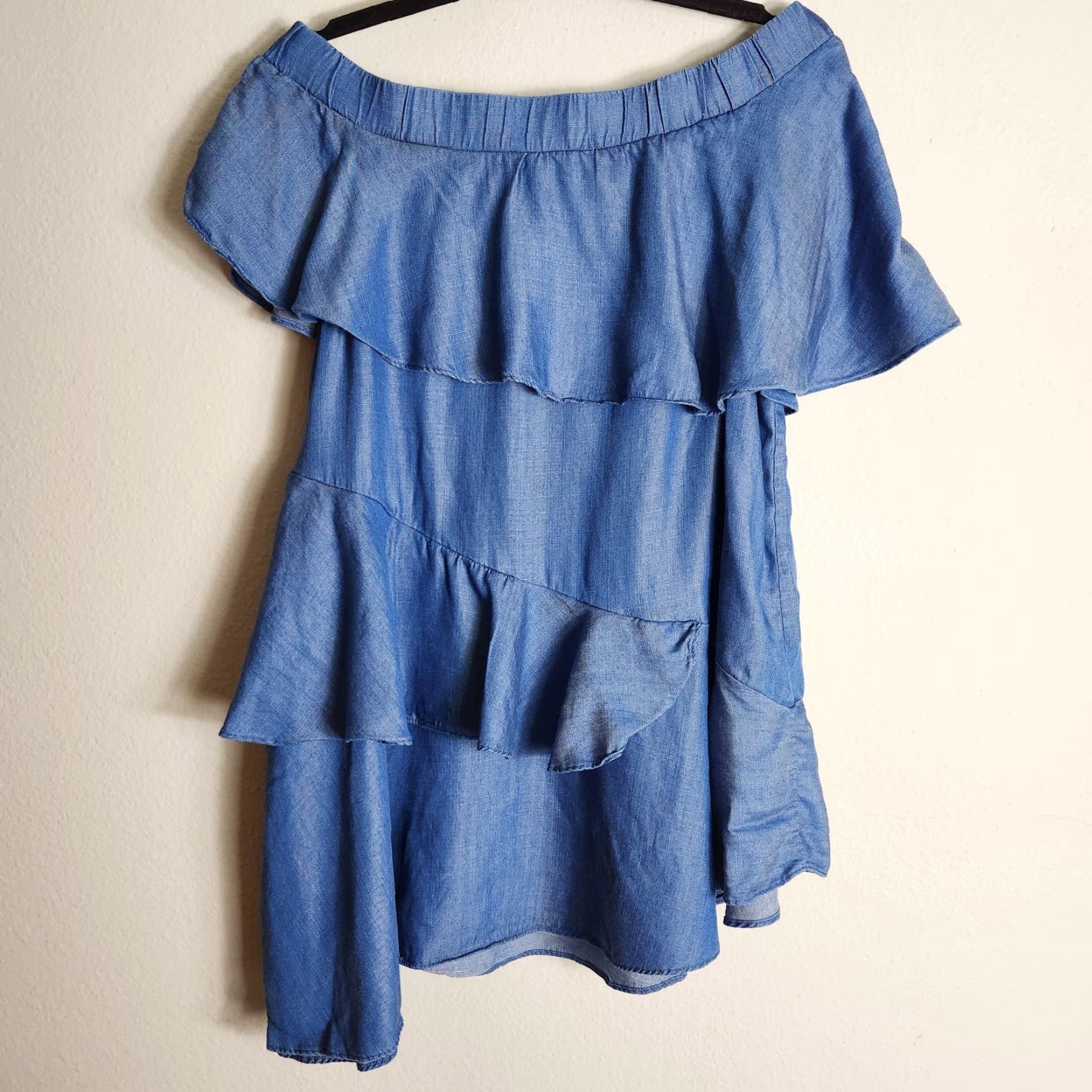 Vintage Easel Mini Dress Women Blue Chambray Off Shoulder Layered Short Sleeve Size S Size S / US 4 / IT 40 - 3 Thumbnail