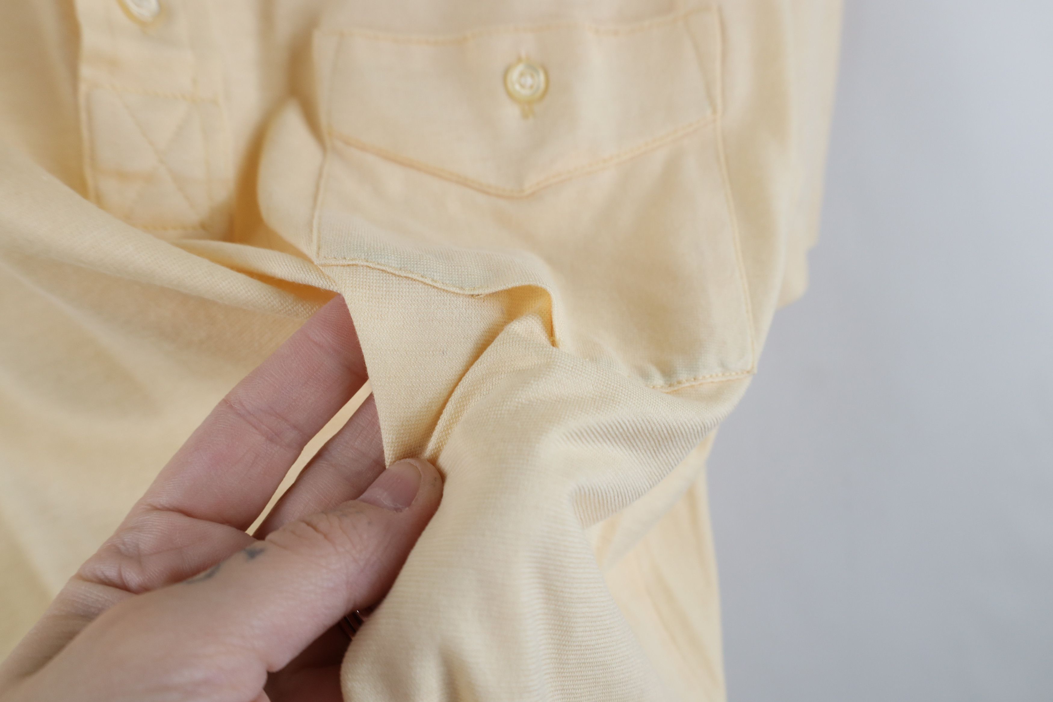 Vintage Vintage 70s Streetwear Sheer Knit Collared Polo Pale Yellow Size US M / EU 48-50 / 2 - 5 Thumbnail
