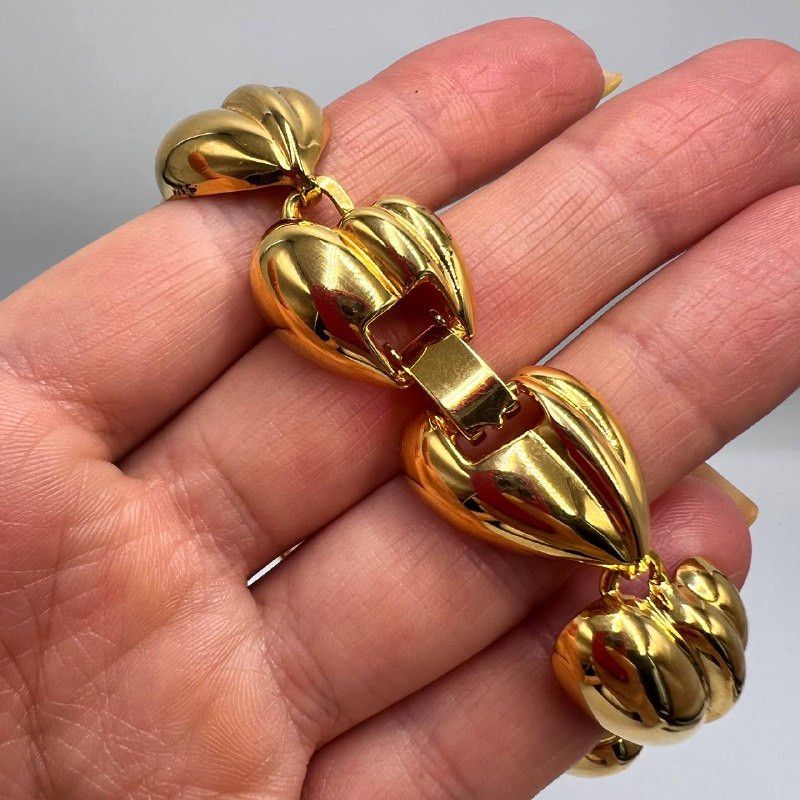 Vintage Vintage Gold Plated Puffy Heart Link Bracelet 19cm | Size ONE SIZE - 6 Thumbnail