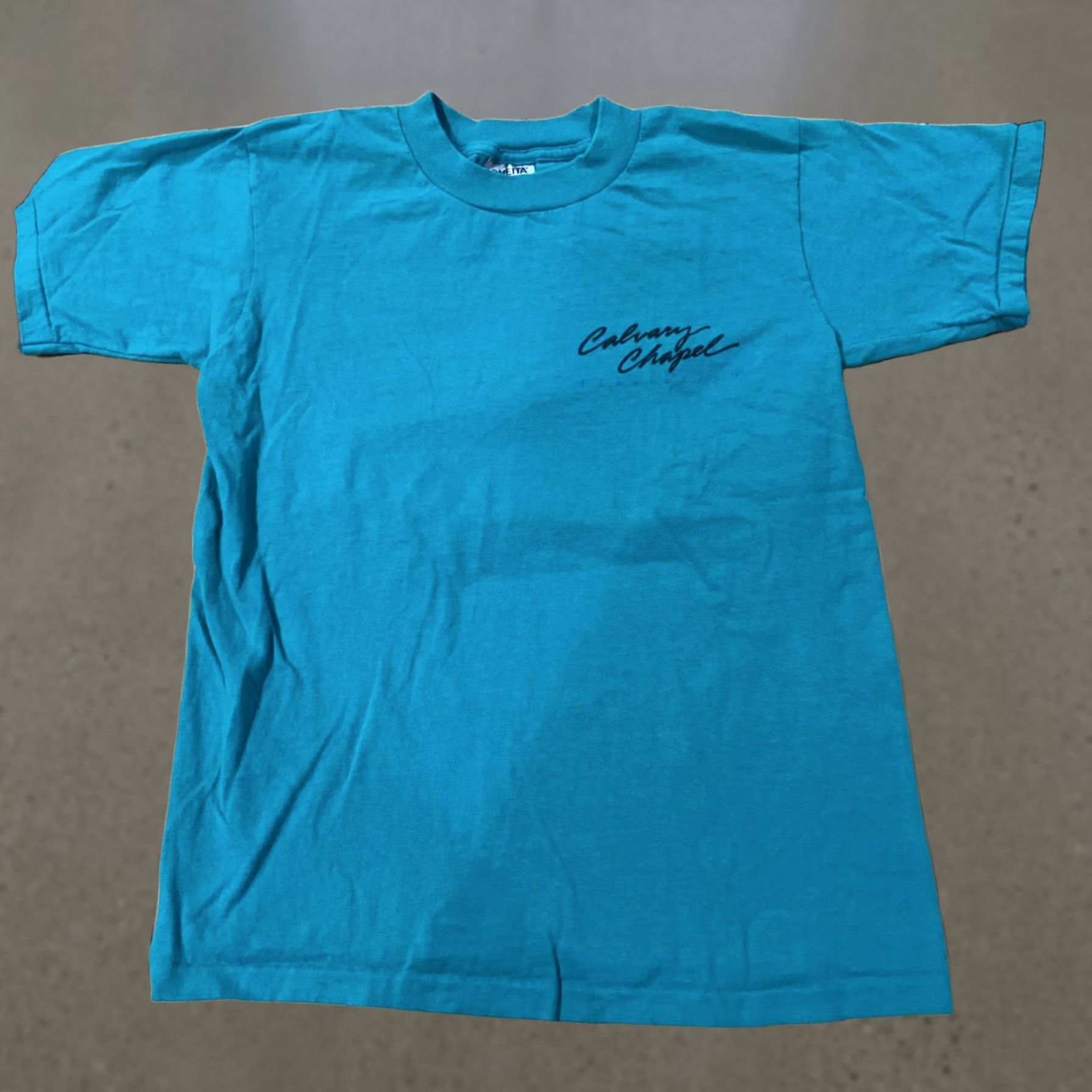 Vintage VINTAGE He Loved Me To Death Cross T Shirt Romans 5:8 Teal SMARtex Men M Short Sleeve Crew Neck USA 1990s Funny Quotes Shirt Size US M / EU 48-50 / 2 - 1 Thumbnail