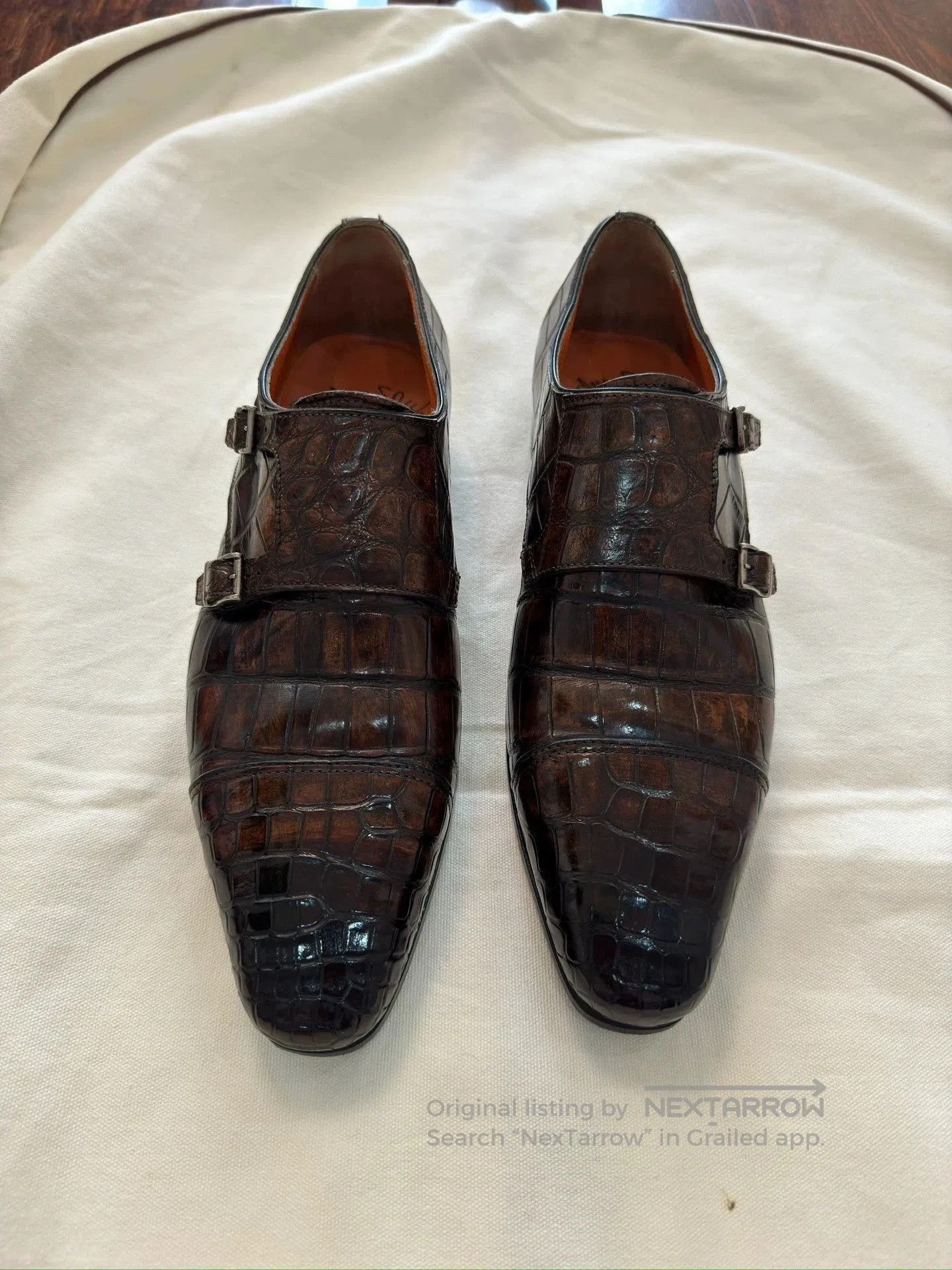 Santoni Brown Crocodile Texture Double Monk Strap Formal Shoes. Size US 6.5 / EU 39-40 - 1 Thumbnail