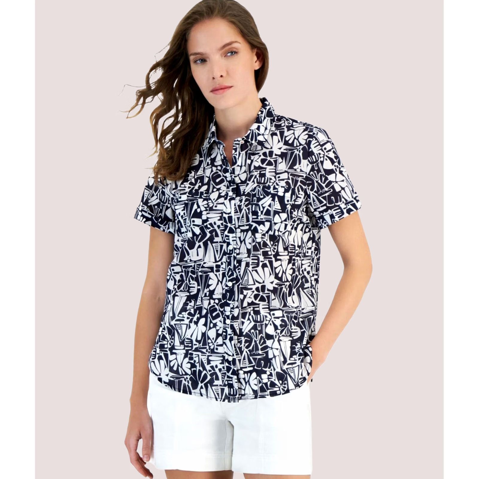 Nautica Nautica Womens Tiki Print Button Up Shirt darkblue XL Size XL / US 12-14 / IT 48-50 - 1 Thumbnail
