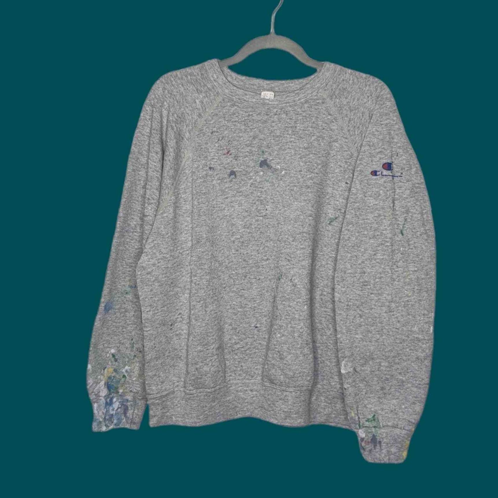 Champion VINTAGE Champion Raglan Logo Spellout Sweatshirt Distressed Paint Splatter Gray XL Unisex Adults Pullover Sweatshirt Size US XL / EU 56 / 4 - 2 Thumbnail