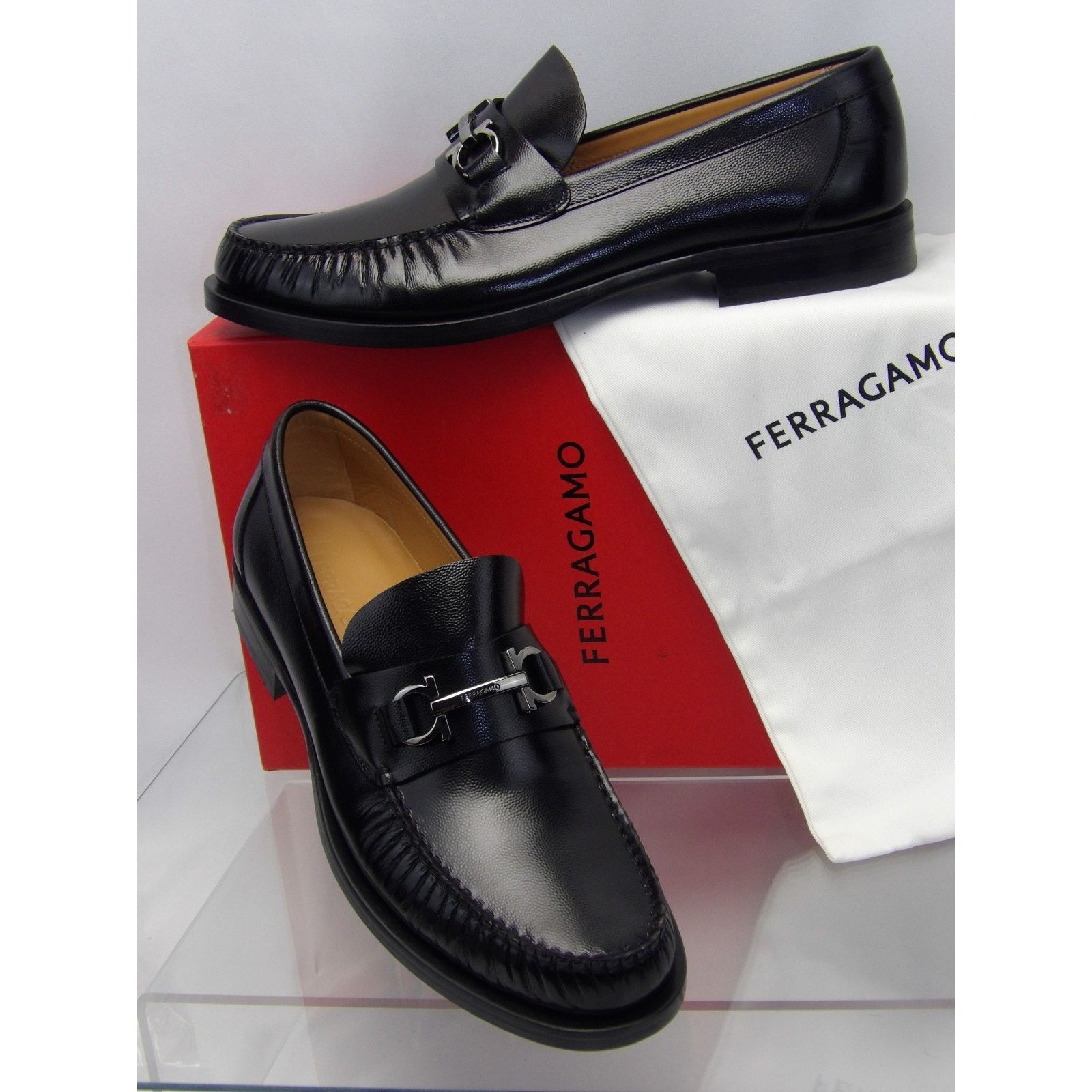 NIB FERRAGAMO BLACK LEATHER FORT GANCINI BIT LOGO LOAFERS 12 E ITALY Men main image 2