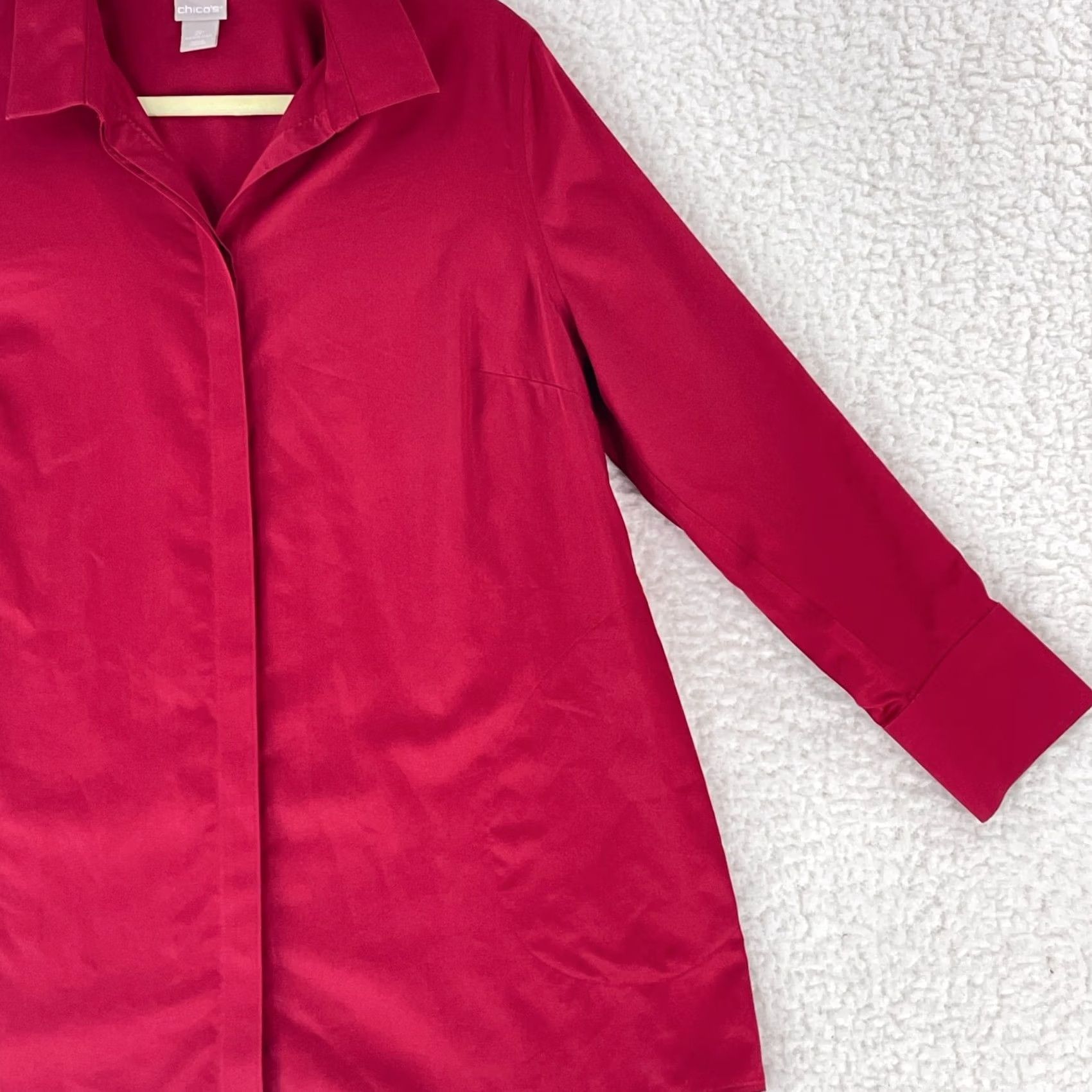 Vintage Chico's Button-Up Shirt Women Red 100% Cotton Petite Long Sleeve Collared Size 12P Size XL / US 12-14 / IT 48-50 - 3 Thumbnail