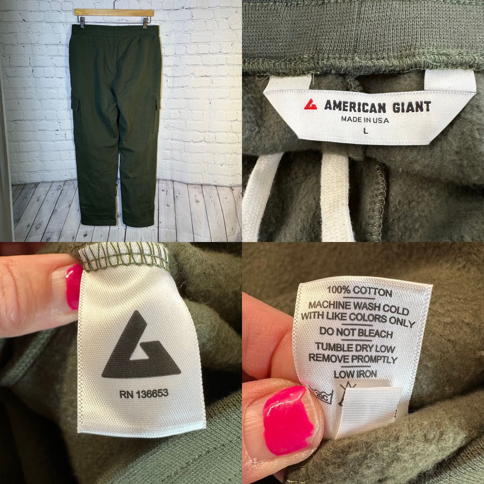 Vintage American Giant Cargo Sweatpants Green Fleece Lined Joggers High Rise Women L Size 29" - 8 Thumbnail