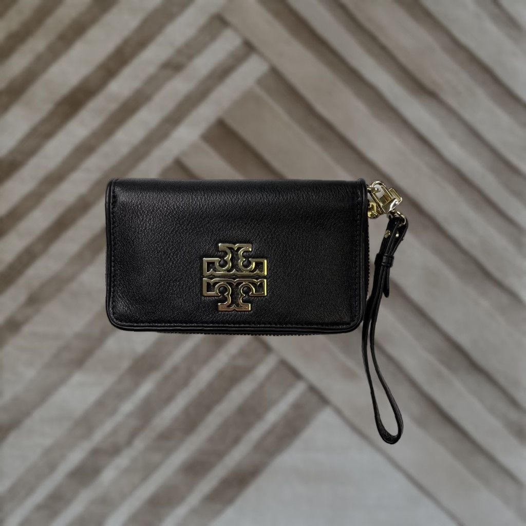 Tory Burch Tory Burch Wallet Zip-Around Black Leather Gold Logo Britten Smart Phone Wristlet Women Black Leather Zip-Around Wallet Size ONE SIZE - 1 Thumbnail