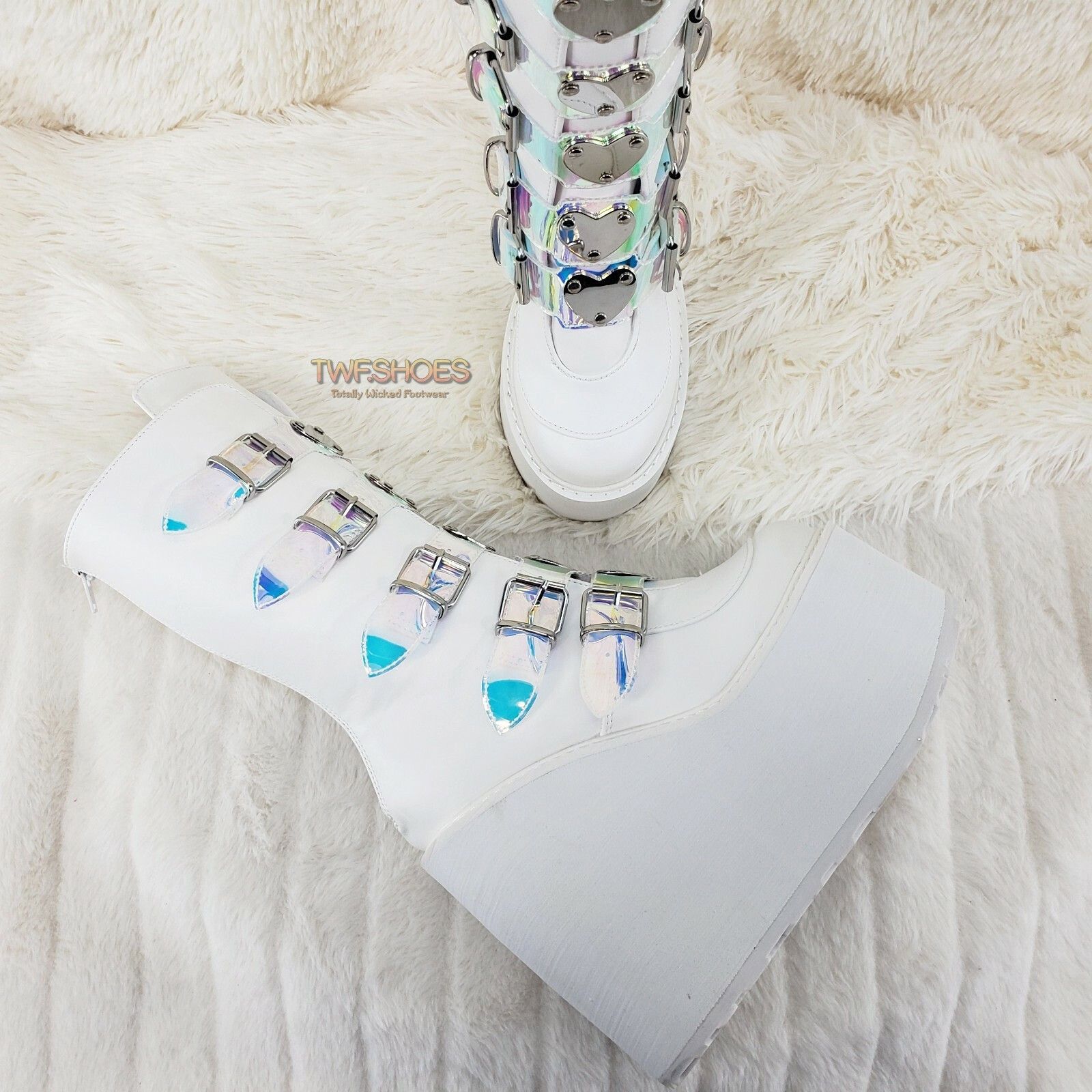 Other Cyber Swing 230 White Boot 5.5" Platform Heart Hologram Stra Size US 9 / IT 39 - 3 Thumbnail