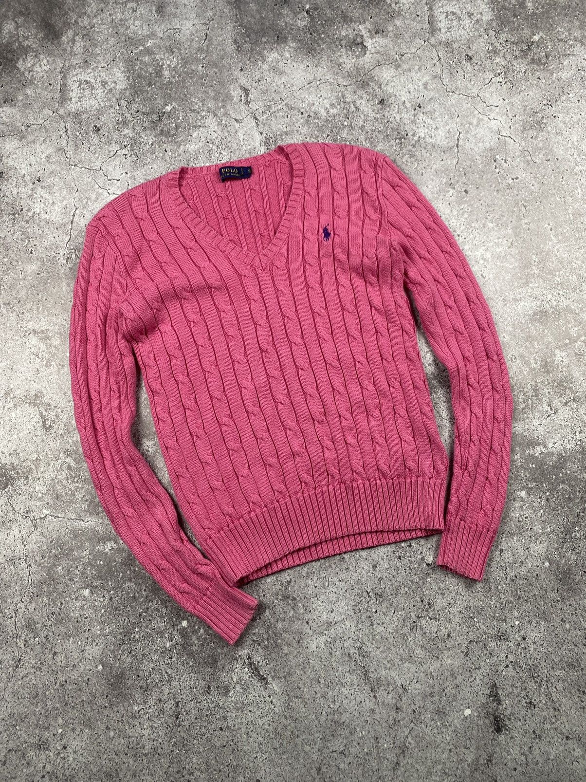 Polo Ralph Lauren × Vintage Polo Ralph Lauren Cable Knit V-neck Sweater pink🎀size S Size S / US 4 / IT 40 - 2 Thumbnail