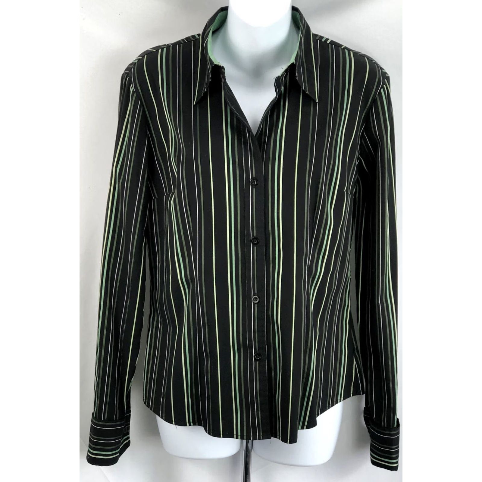 Vintage VINTAGE New York& Co Button-Up Top S Black/Green Stripe Collared Long Sleeve Size S / US 4 / IT 40 - 5 Thumbnail