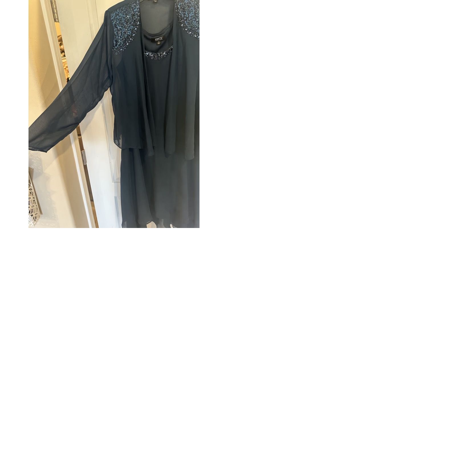 Ignite Evenings Jacket Dress Sequin Shoulder Scoop Neck Tiered 2-Piece Midi  Dress sz 14 Blue