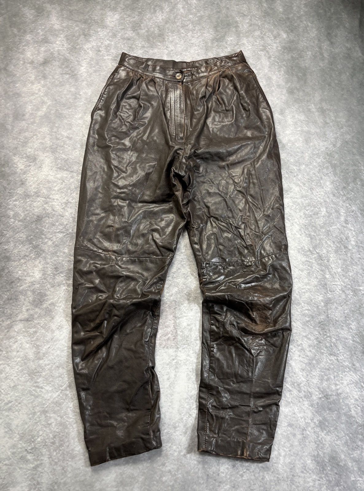 Indian Motorcycle × Leather × Vintage 1980s Vintage Leather Pants Triple Pleated Brown Biker Trous Size US 28 / EU 44 - 2 Thumbnail