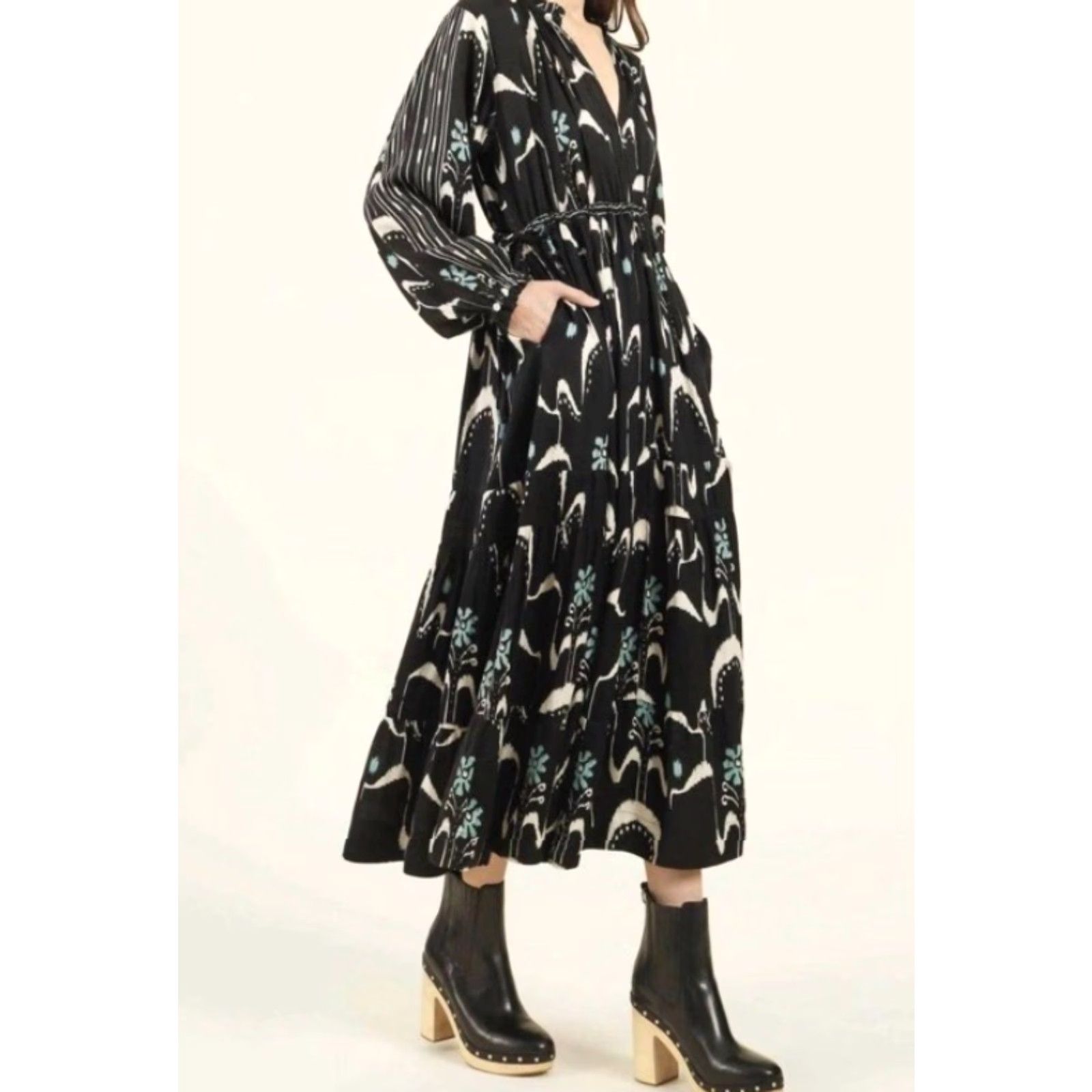 Vintage Omika Misha Midi Dress Patterned Black V-Neck Long Sleeve Hook & Eye Mod al Ruffle Casual Women Sized S EUC Size S / US 4 / IT 40 - 3 Thumbnail