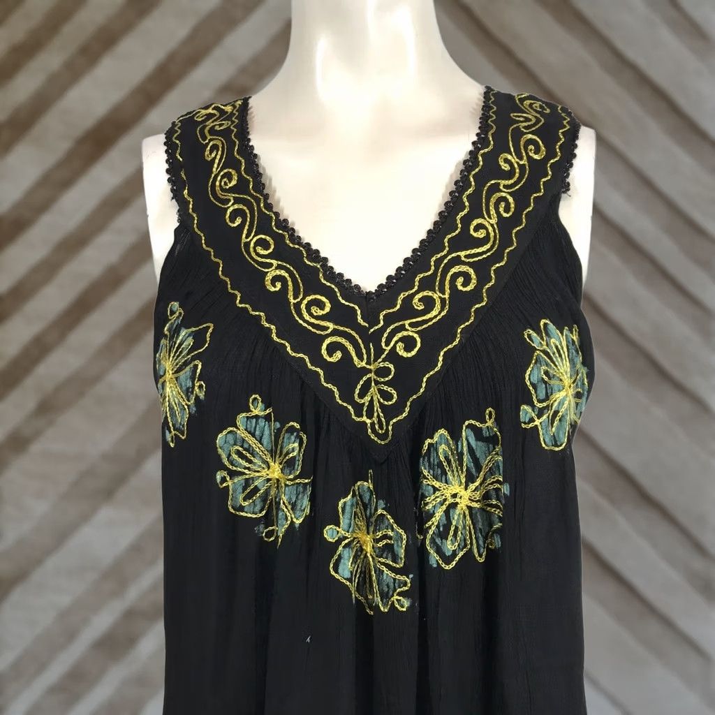 Vintage Sakkas Woman's Free Size Black/Mint Sleeveless V-Neck 100% Cotton Top Blouse Shirt Womens Adjustable Size One Size Casual Floral Summer Size ONE SIZE - 1 Thumbnail
