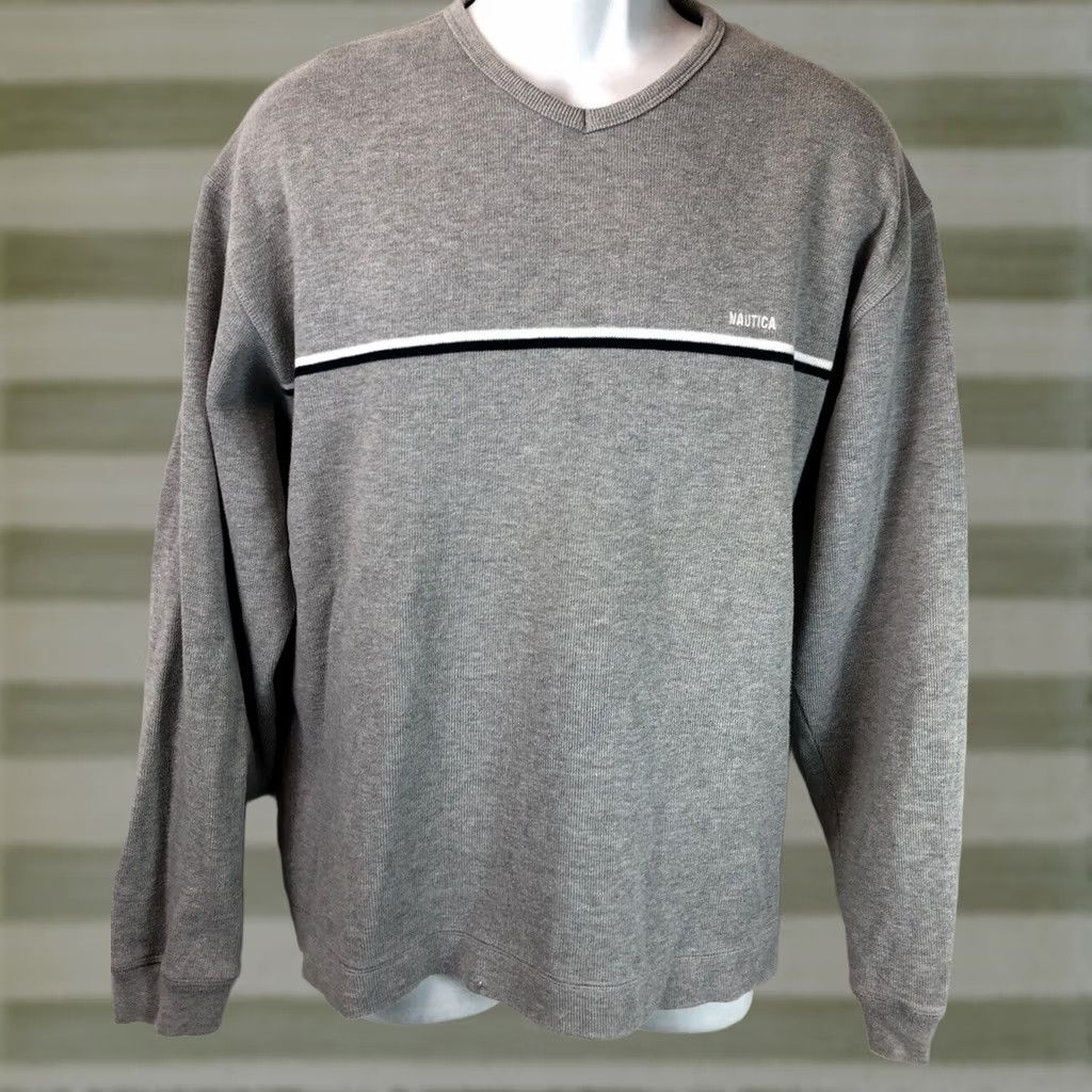 Nautica Nautica Pullover Shirt L Gray V-neck Long Sleeve Cotton Knit Jersey Size US L / EU 52-54 / 3 - 1 Thumbnail
