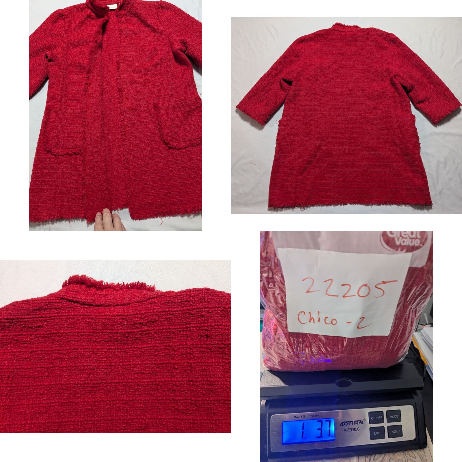 Vintage Chicos Raw-Edge Tweed Jacket Duster Cardigan Mandarin Collar Red Size L Large Womens Sweater Knit Open Front Size L / US 10 / IT 46 - 10 Thumbnail