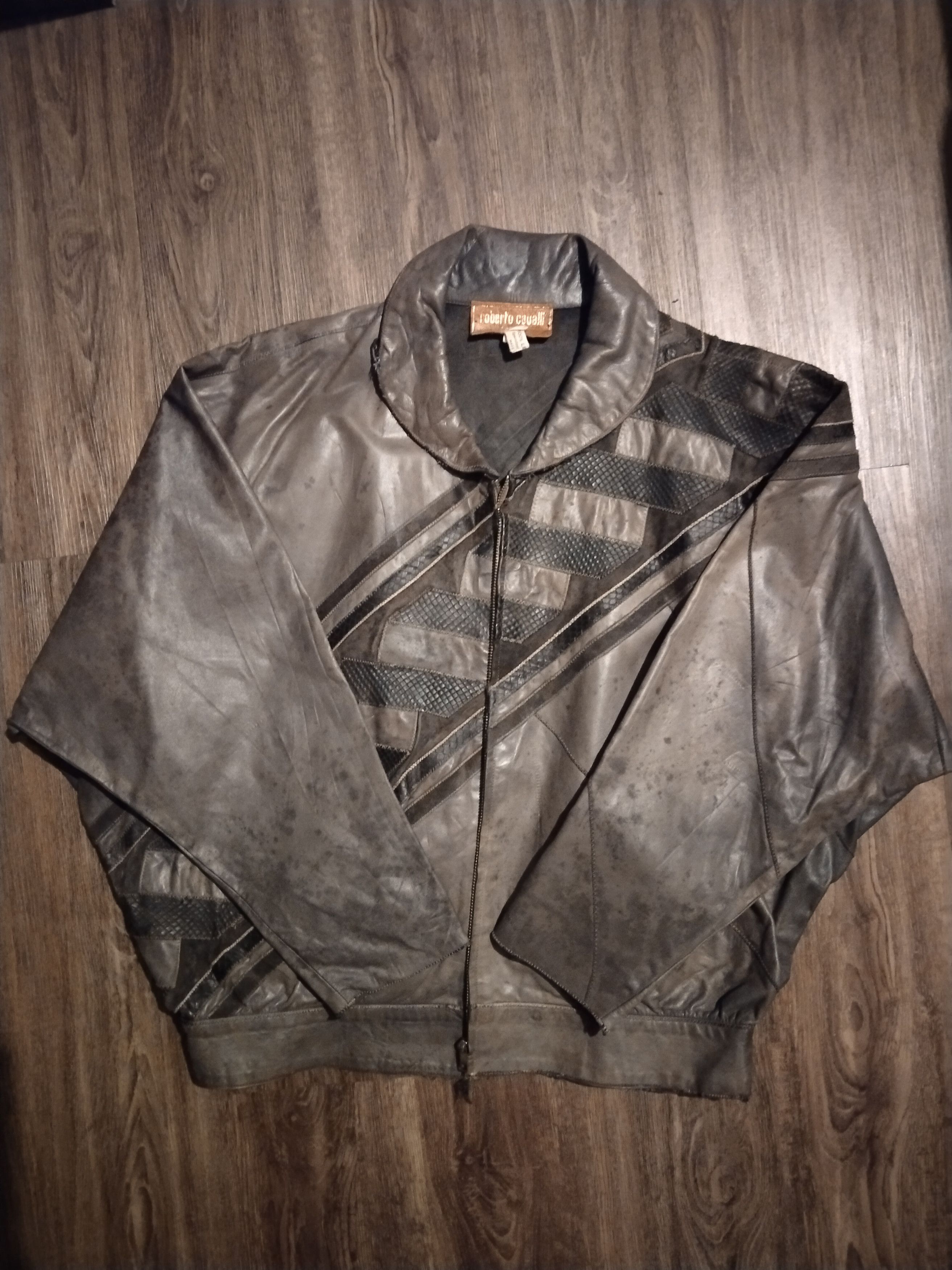 image of Archival Clothing x Roberto Cavalli Leather Jacket in Grey Stripes, Men's (Size Large)