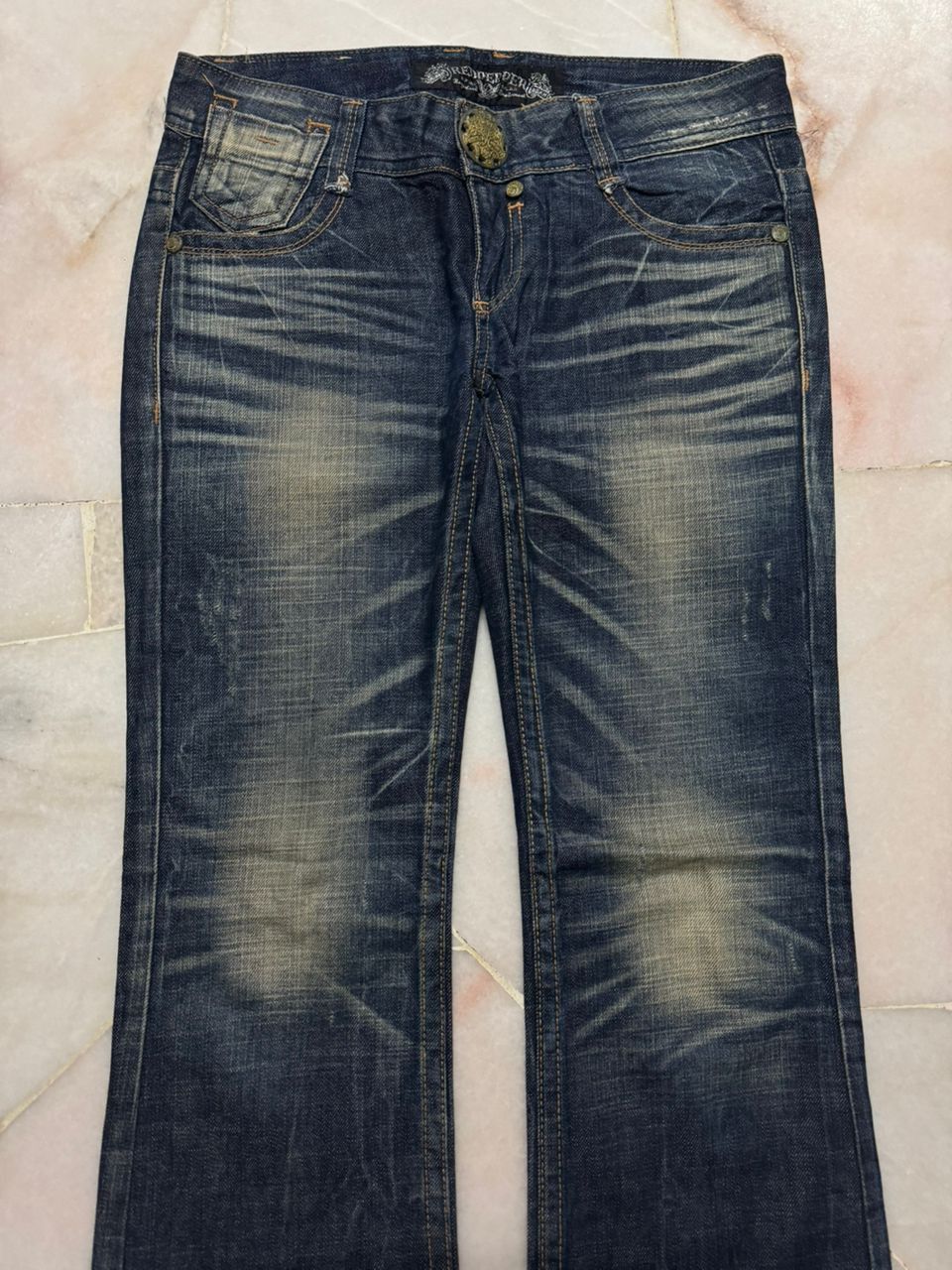 Japanese Brand 💥Insane Flared Red Pepper Butterfly Embroidery Mudwash Jeans Size US 30 / EU 46 - 3 Thumbnail