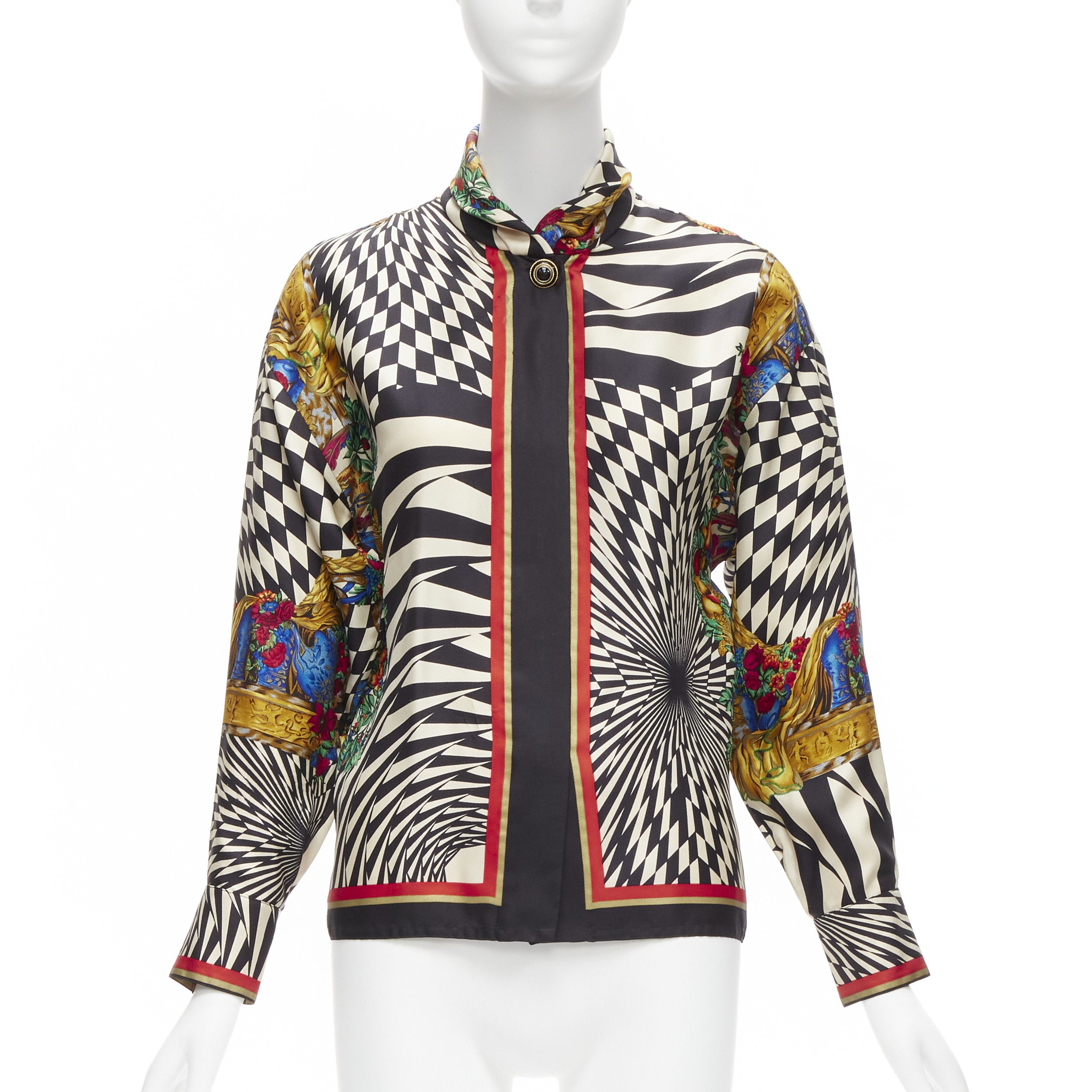 Versace GIANNI VERSACE Vintage baroque royal optical graphic print gold button collar shirt IT38 XS Size XS / US 0-2 / IT 36-38 - 1 Thumbnail