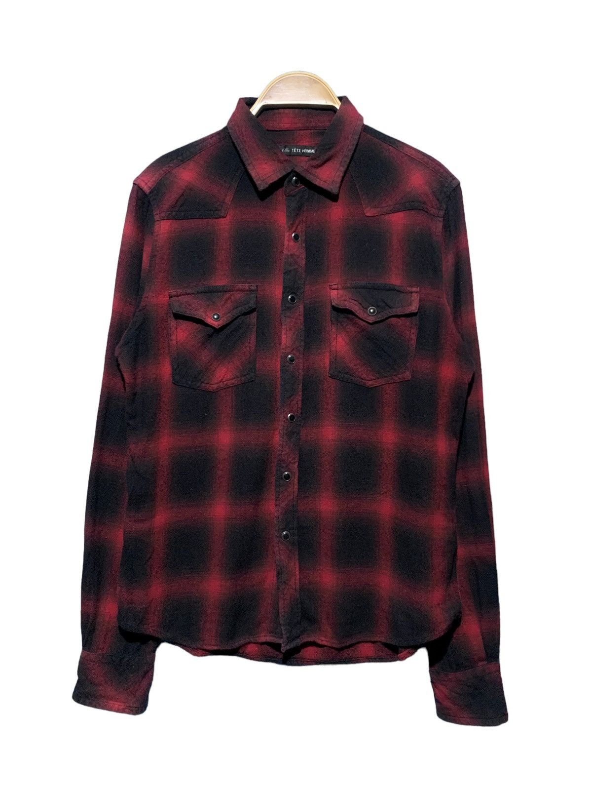 image of By Issey Miyake Shadow Plaid Flannel Shirt in Red, Men's (Size Small)