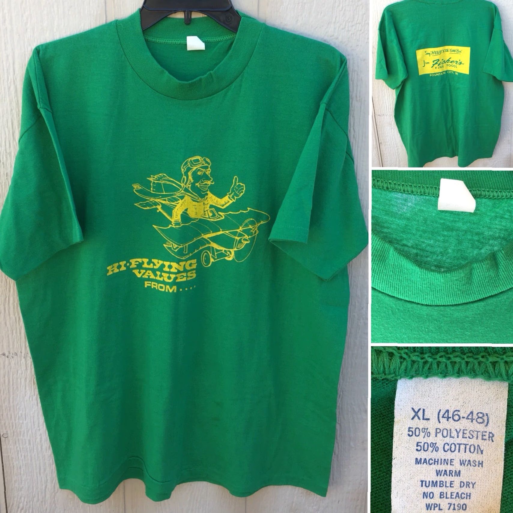 Vintage VINTAGE WPL 7190 T Shirt Men XL Green HI FLYING Jim Fisker’s Fine Foods Fountain City IN Graphic Tee Sportswear/Beach Size US XL / EU 56 / 4 - 5 Thumbnail
