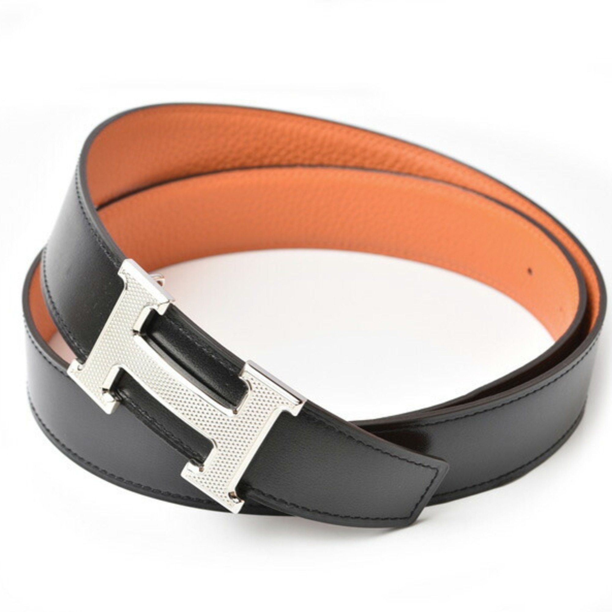 image of Hermes Belt For Men And Women, Hermes Constance, Size 85, H Buckle, Box Calf, Togo, Black, Orange, 