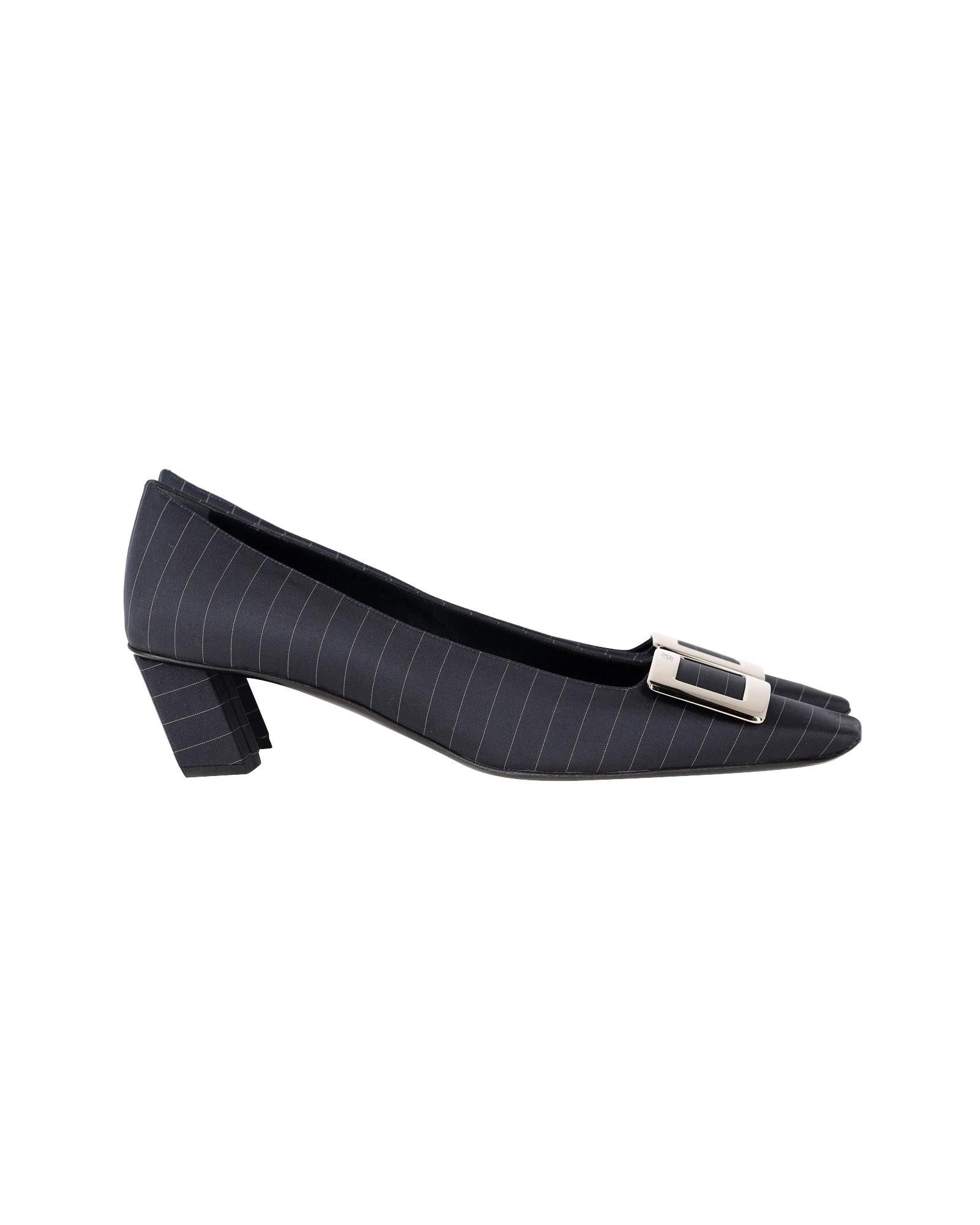 image of Navy Blue Striped Satin Pumps With Silver Buckle Detail By Roger Vivier Shoes in Blue/Navy Blue, Wo