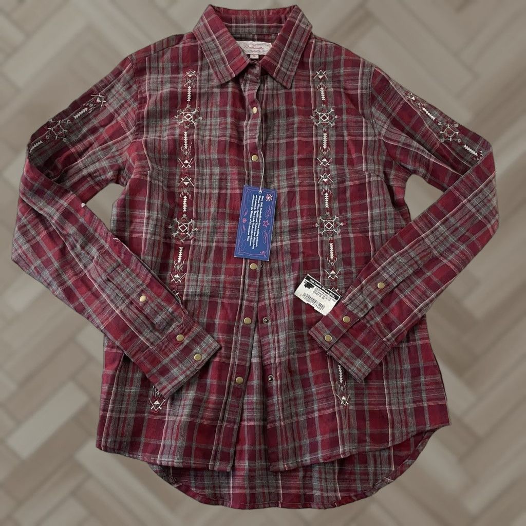 Vintage Panhandle Button-Up Shirt Long Sleeve Plaid Embroidered Maroon Red Womens S XS? Size S / US 4 / IT 40 - 1 Thumbnail