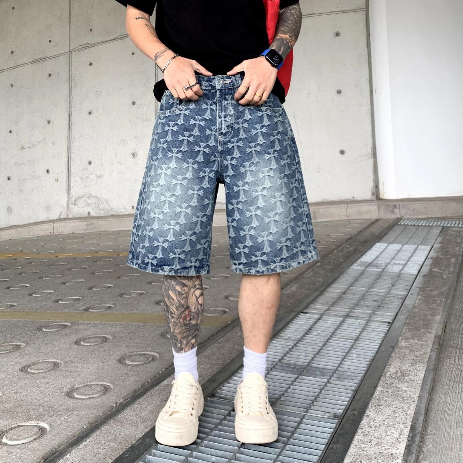 Blue Cross Patterned Denim Shorts Relaxed Fit Men's Shorts