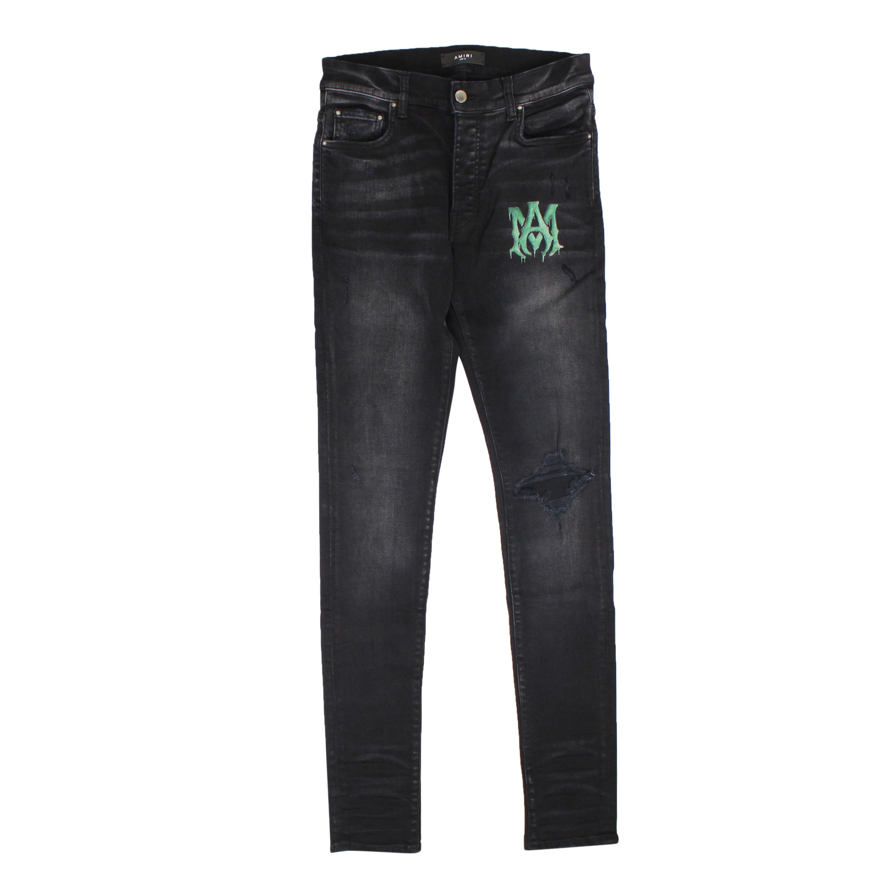 image of Amiri Watercolor Logo Jean Aged Black Straight-Fit Jeans Size 32, Men's