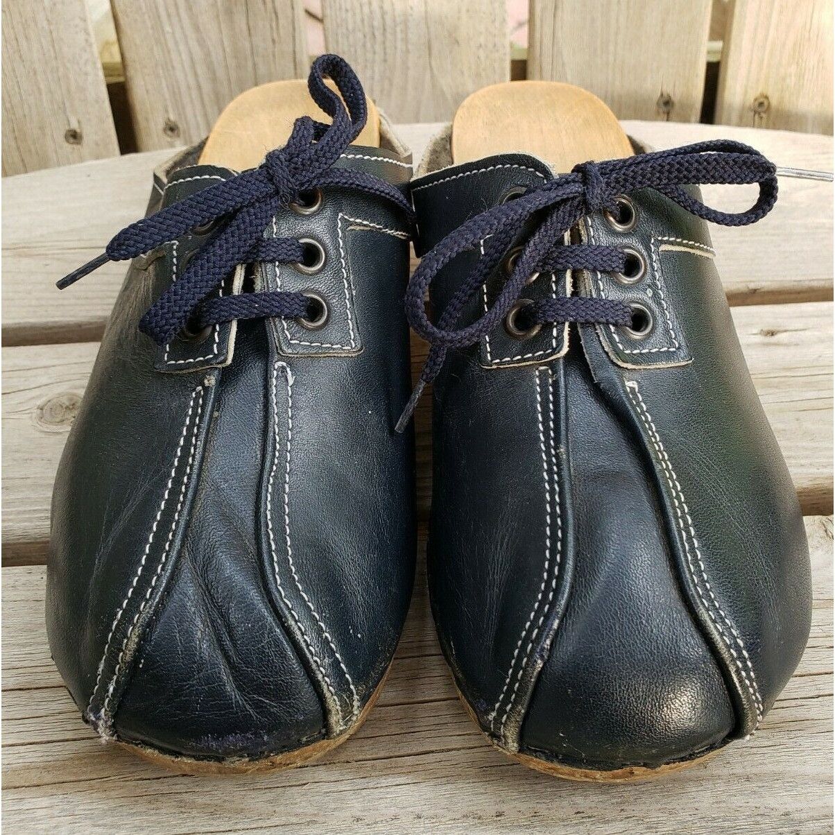 Vintage 70s Leather Wood Clogs Womens Sz 6 Blue Mules Festival Vinta Size US 6 / IT 36 - 3 Thumbnail