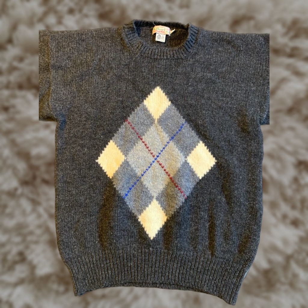 VINTAGE Kilkeel Mills Wool Sweater Mens 44 Argyle Pattern Knit Fisherman Ireland Crew Neck Long Sleeve Multicolor