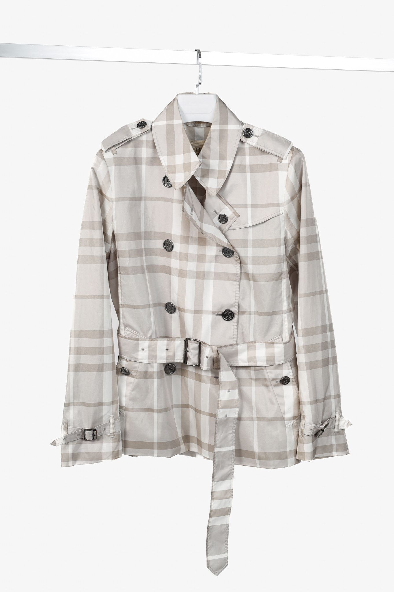 Burberry Brit Grey Check Taffeta Packable Belted Trench Coat