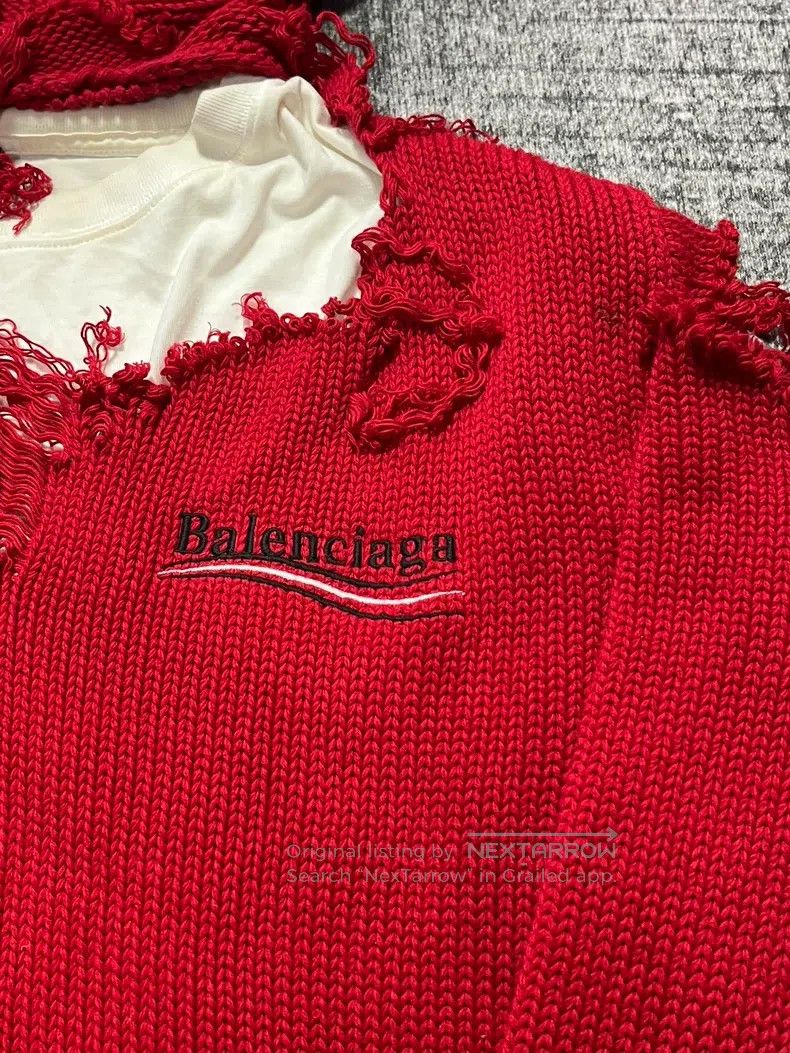 Balenciaga Balenciaga Red Coke Wave Destroyed Knit Sweater Faux Two-P Size US XS / EU 42 / 0 - 4 Thumbnail