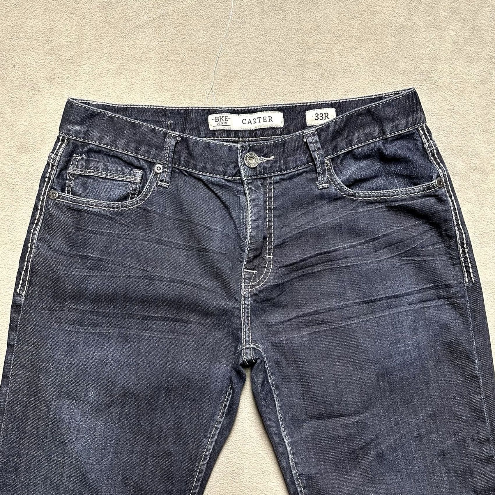Vintage Buckle BKE Carter Jeans Mens 33R 34x29 Blue Denim Bootcut Dark Wash GUC Size US 33 - 3 Thumbnail