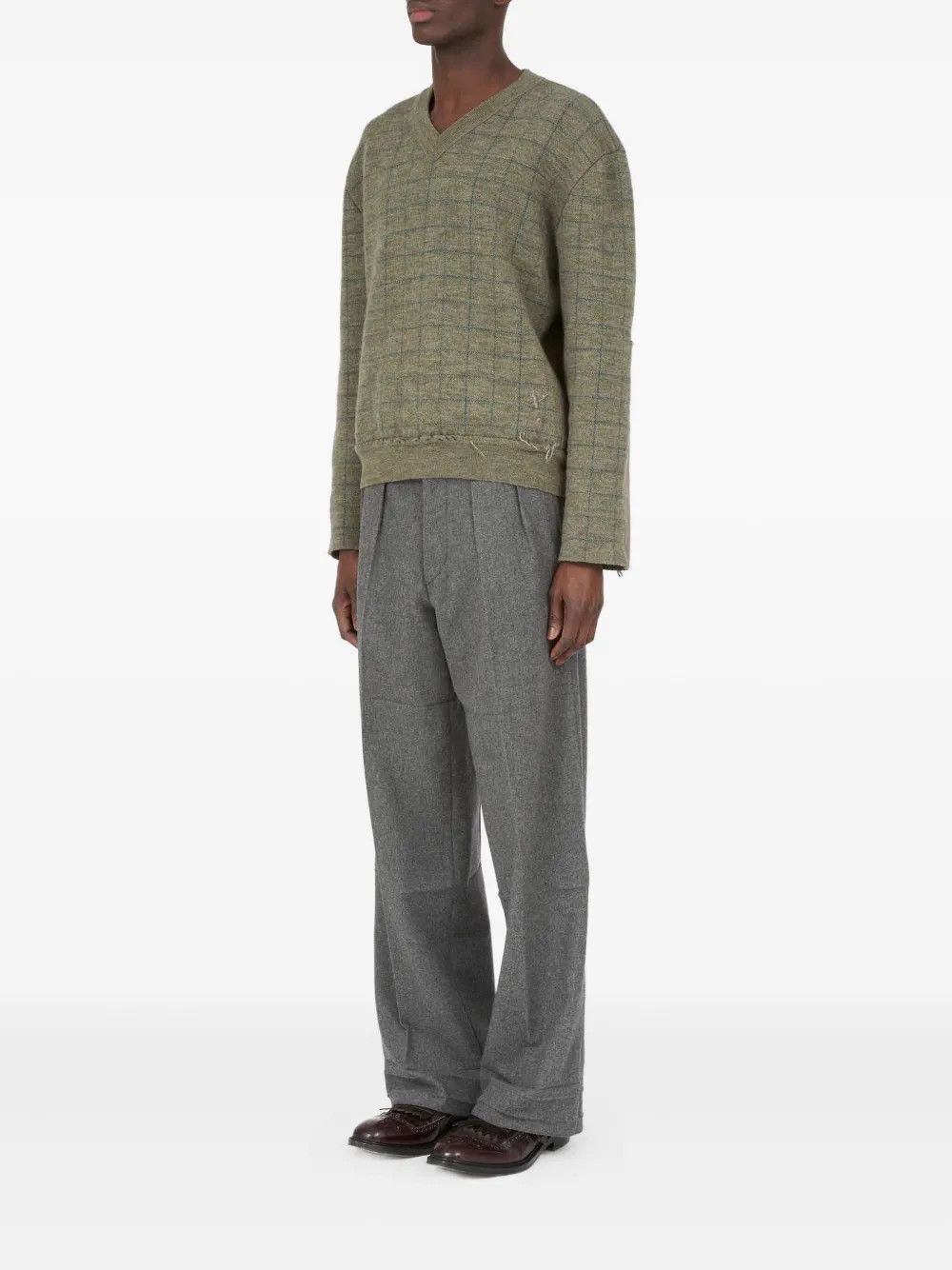 Maison Margiela o1w1db10526 V-neck Grid-pattern Wool Sweater in Olive Green Size US XL / EU 56 / 4 - 4 Thumbnail