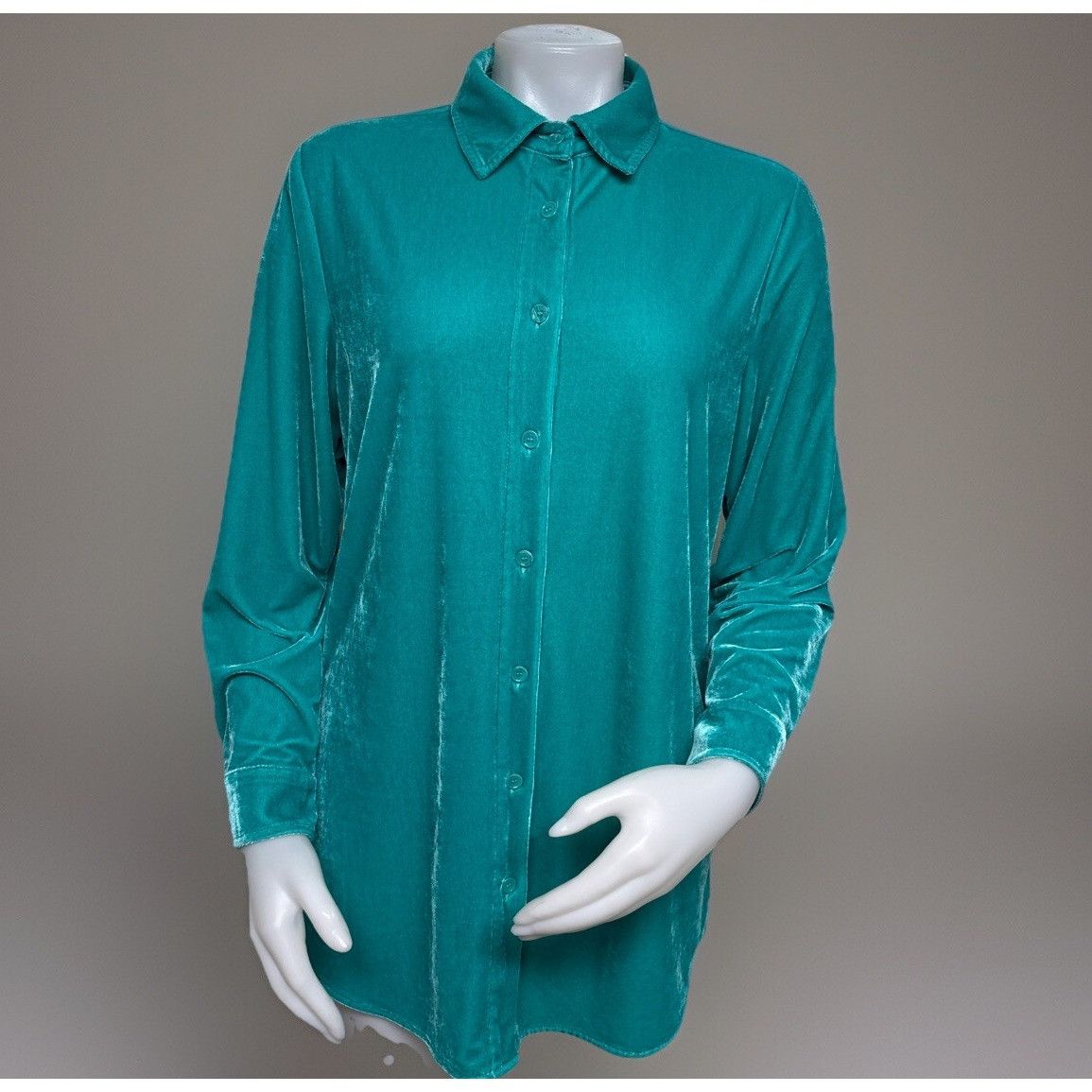 Other Soft Surroundings Velvet Boyfriend Shirt Womens Small Teal T Size S / US 4 / IT 40 - 1 Thumbnail