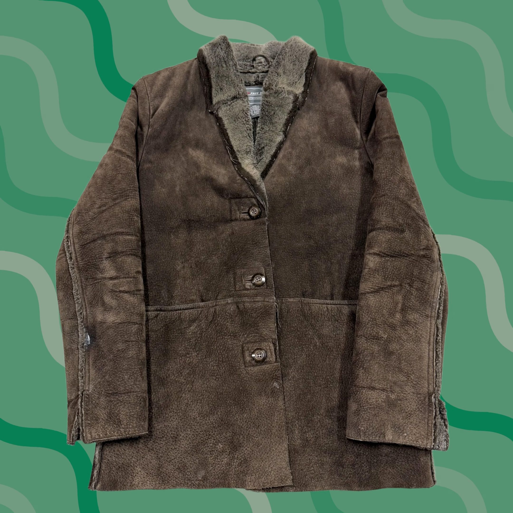 Vintage FreeTech Coat Mens Small Brown Leather Faux Shearling Lined Button Front Size S / US 4 / IT 40 - 1 Thumbnail
