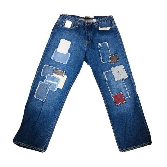 image of Y2K Von Dutch Kustomade Patchwork Selvedge Denim Straight Le in Blue, Men's (Size 38)