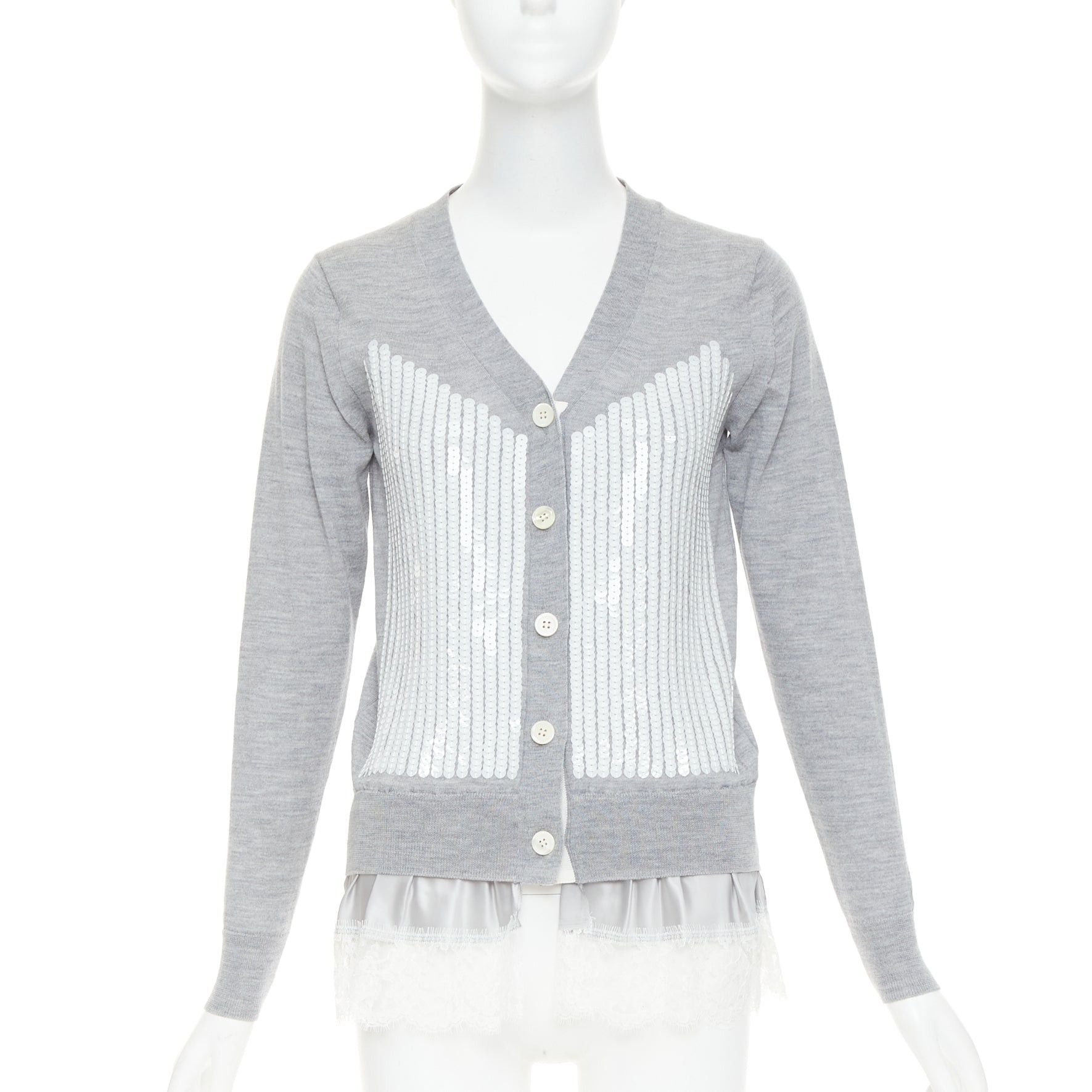 Sacai SACAI 2012 grey wool white sequin lace ruffle scallop hem cardigan JP1 S Size S / US 4 / IT 40 - 1 Thumbnail