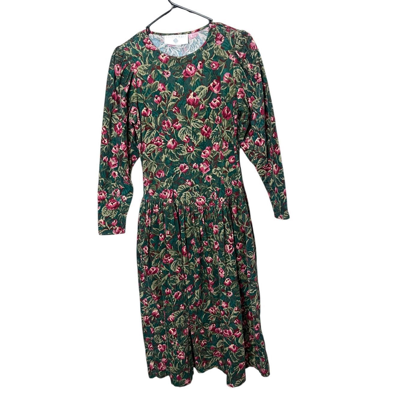 Other Vintage Eileen West Green Pink Floral Corduroy Maxi Dress Si Size M / US 6-8 / IT 42-44 - 1 Thumbnail