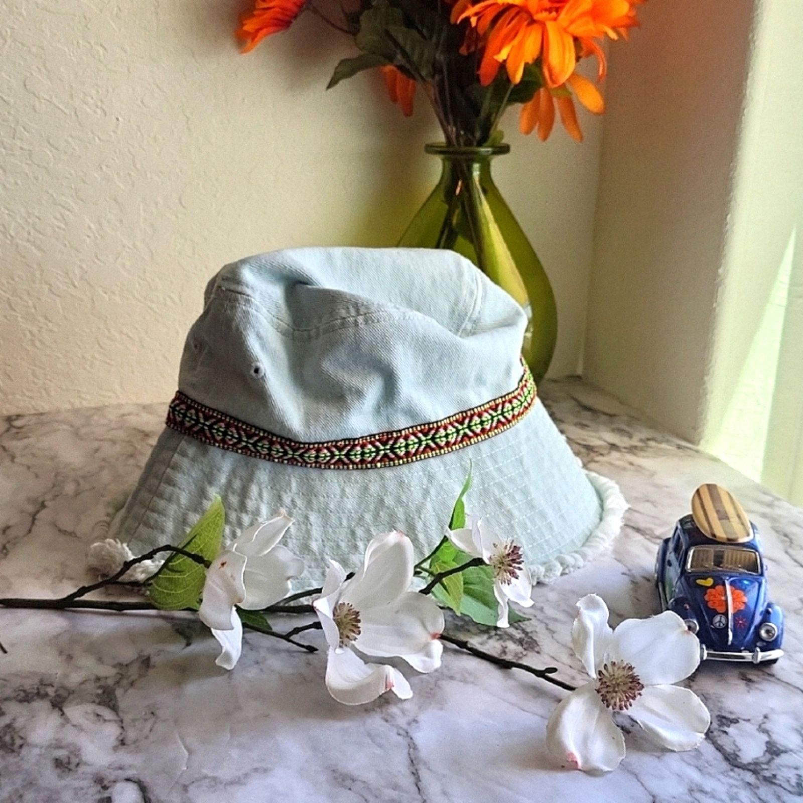 The Unbranded Brand Light Blue Jeans Bucket Hat with Patterned Band Size ONE SIZE - 2 Thumbnail