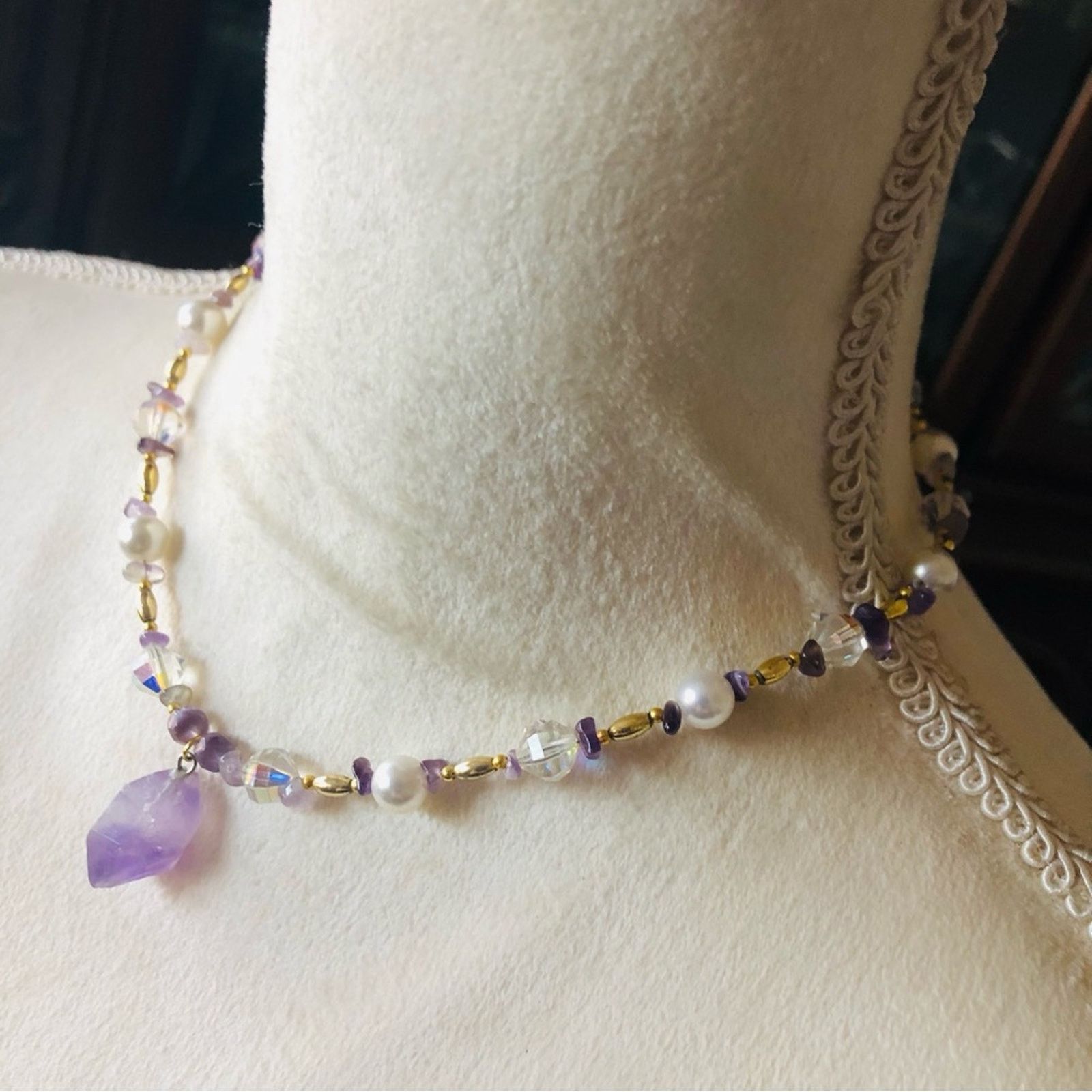 Handmade Handcrafted repurpose genuine amethyst slab pearl necklace Size ONE SIZE - 4 Thumbnail