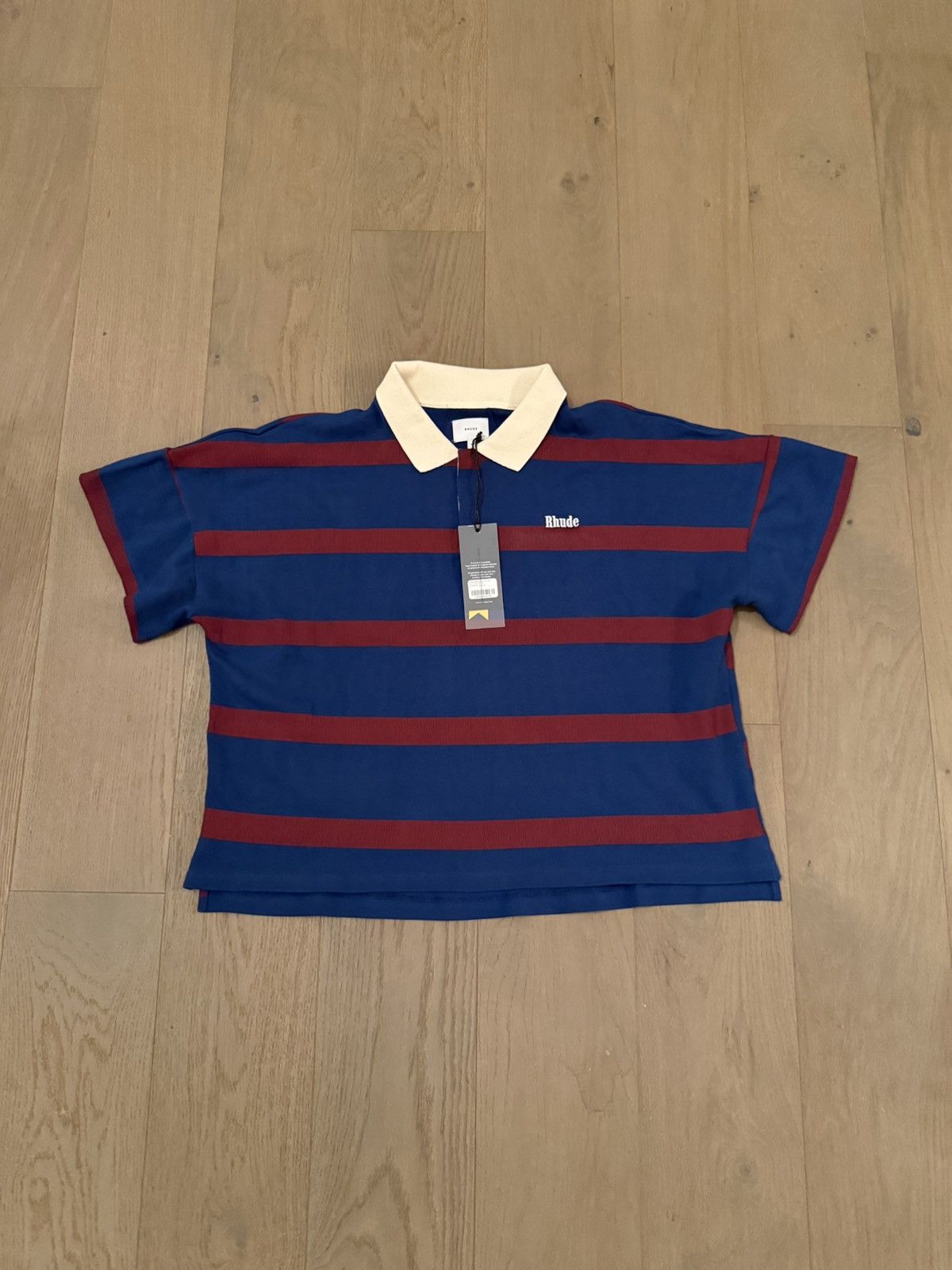 Rhude Rhude Blue & Burgundy Striped Polo Shirt – Cream Collar (XL) Size US XL / EU 56 / 4 - 1 Thumbnail