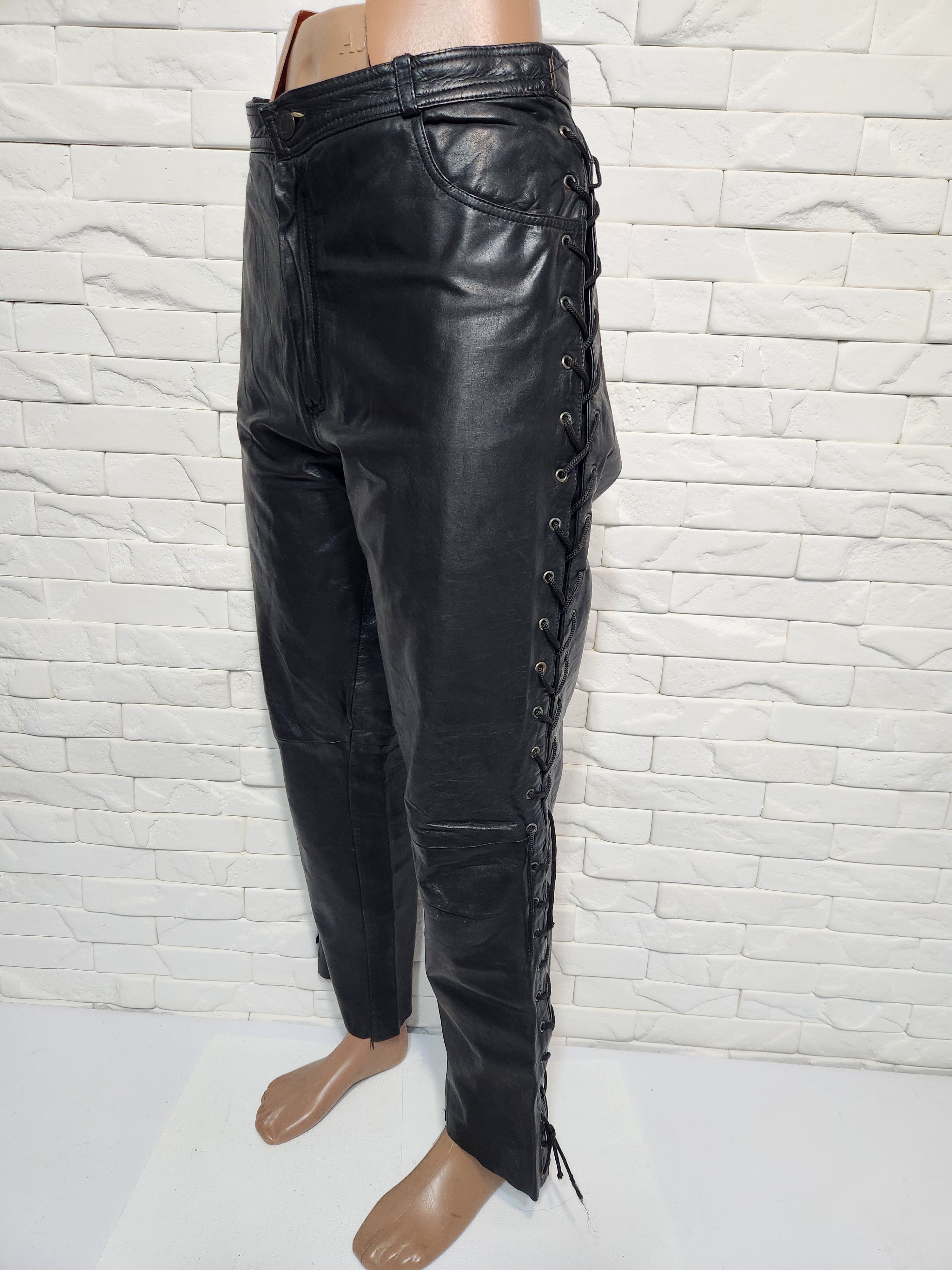Genuine Leather Black Leather Pants Decorative Lacing. Size US 33 - 3 Thumbnail