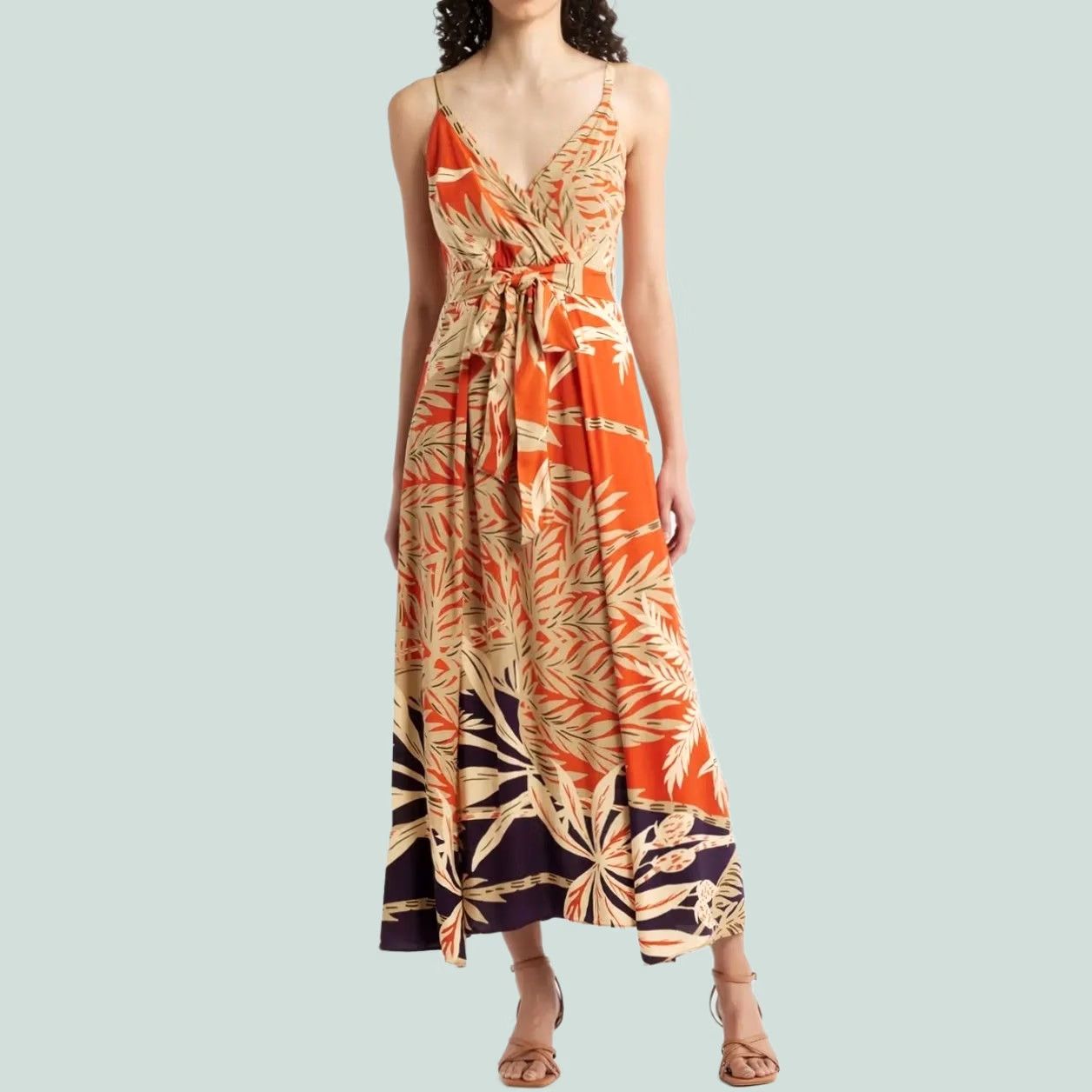 Vintage Halogen Palm Print Maxi Dress Belted Orange Tan V-Neck Adjustable Straps Size L Size L / US 10 / IT 46 - 1 Thumbnail